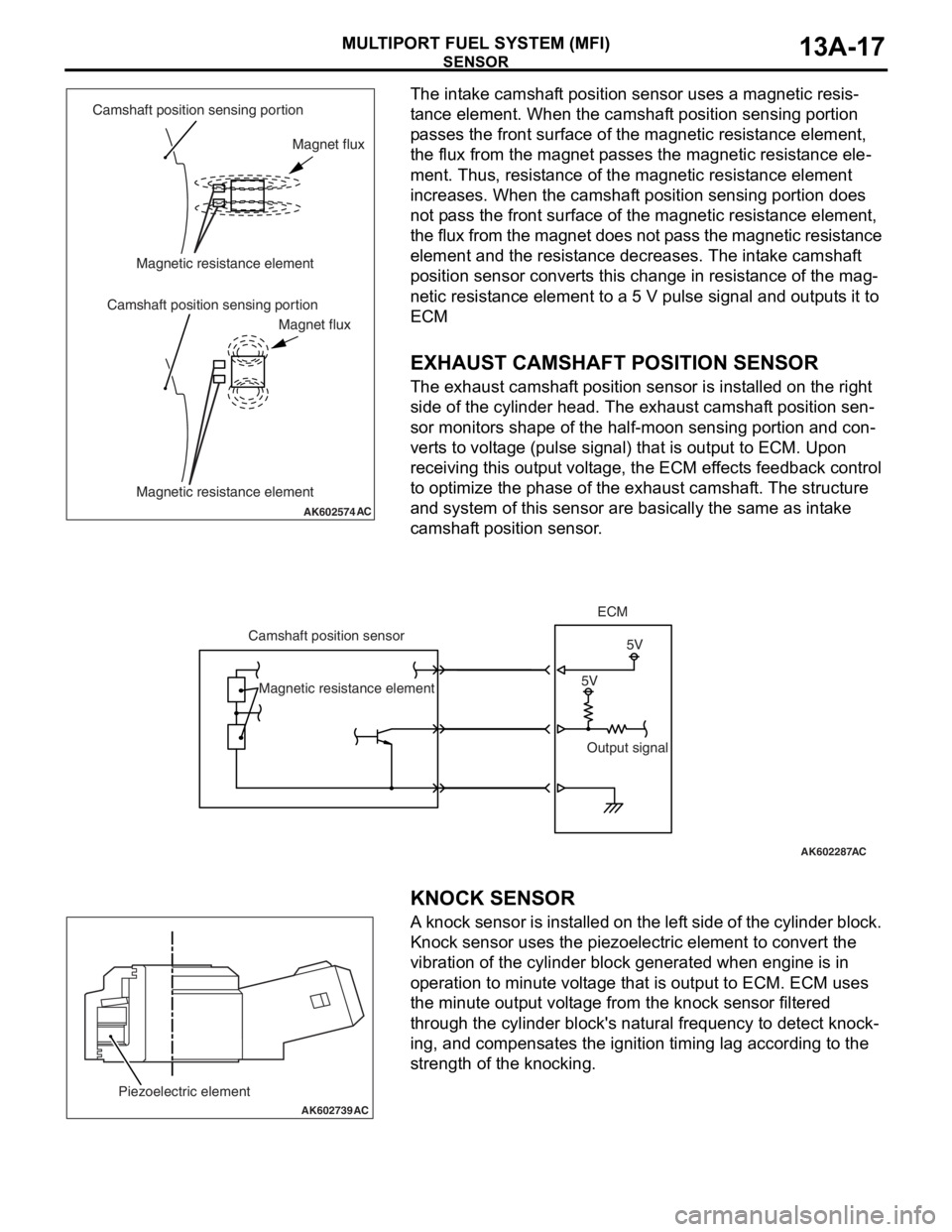 MITSUBISHI LANCER EVOLUTION X 2008 Workshop Manual SENSOR
MULTIPORT FUEL SYSTEM (MFI)13A-17
The intake camshaft position sensor uses a magnetic resis-
tance element. When the camshaft position sensing portion
passes the front surface of the magnetic MITSUBISHI LANCER EVOLUTION X 2008 Workshop Manual SENSOR
MULTIPORT FUEL SYSTEM (MFI)13A-17
The intake camshaft position sensor uses a magnetic resis-
tance element. When the camshaft position sensing portion
passes the front surface of the magnetic