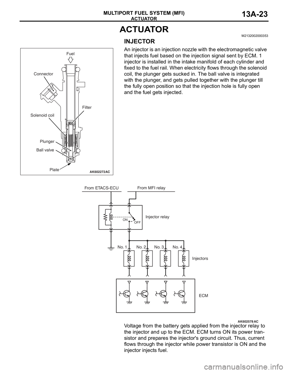 MITSUBISHI LANCER EVOLUTION X 2008 User Guide ACTUATOR
MULTIPORT FUEL SYSTEM (MFI)13A-23
ACTUATORM2132002000353
INJECTOR
An injector is an injection nozzle with the electromagnetic valve
that injects fuel based on the injection signal sent by EC MITSUBISHI LANCER EVOLUTION X 2008 User Guide ACTUATOR
MULTIPORT FUEL SYSTEM (MFI)13A-23
ACTUATORM2132002000353
INJECTOR
An injector is an injection nozzle with the electromagnetic valve
that injects fuel based on the injection signal sent by EC