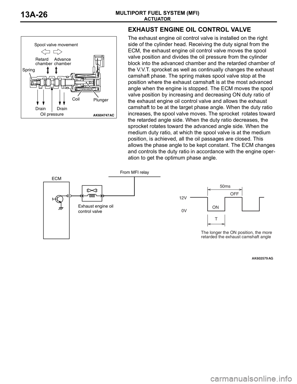 MITSUBISHI LANCER EVOLUTION X 2008 User Guide ACTUATOR
MULTIPORT FUEL SYSTEM (MFI)13A-26
EXHAUST ENGINE OIL CONTROL VALVE
The exhaust engine oil control valve is installed on the right
side of the cylinder head. Receiving the duty signal from th MITSUBISHI LANCER EVOLUTION X 2008 User Guide ACTUATOR
MULTIPORT FUEL SYSTEM (MFI)13A-26
EXHAUST ENGINE OIL CONTROL VALVE
The exhaust engine oil control valve is installed on the right
side of the cylinder head. Receiving the duty signal from th