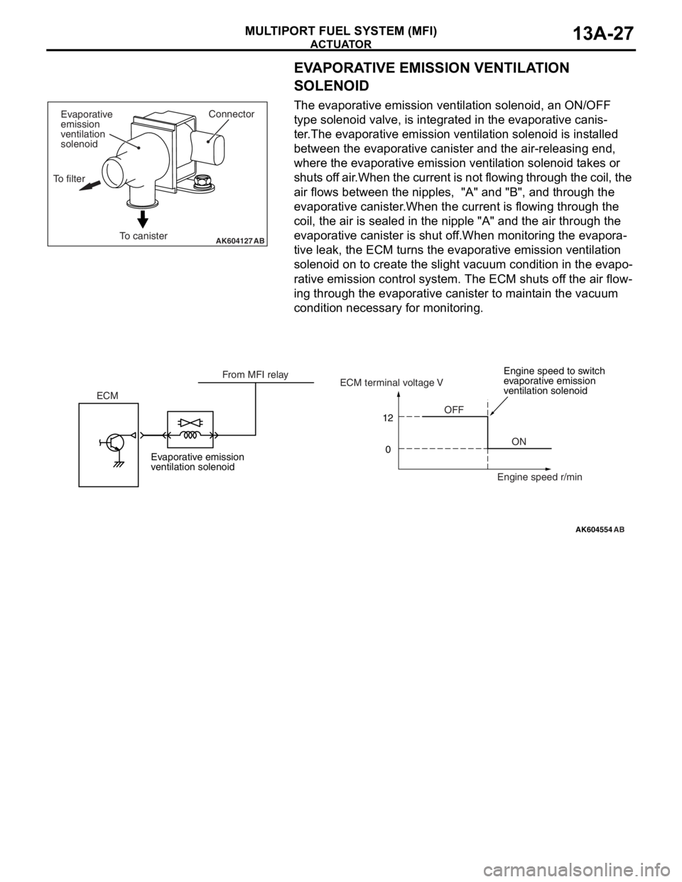 MITSUBISHI LANCER EVOLUTION X 2008 Owners Manual ACTUATOR
MULTIPORT FUEL SYSTEM (MFI)13A-27
EVAPORATIVE EMISSION VENTILATION
SOLENOID
The evaporative emission ventilation solenoid, an ON/OFF
type solenoid valve, is integrated in the evaporative ca MITSUBISHI LANCER EVOLUTION X 2008 Owners Manual ACTUATOR
MULTIPORT FUEL SYSTEM (MFI)13A-27
EVAPORATIVE EMISSION VENTILATION
SOLENOID
The evaporative emission ventilation solenoid, an ON/OFF
type solenoid valve, is integrated in the evaporative ca