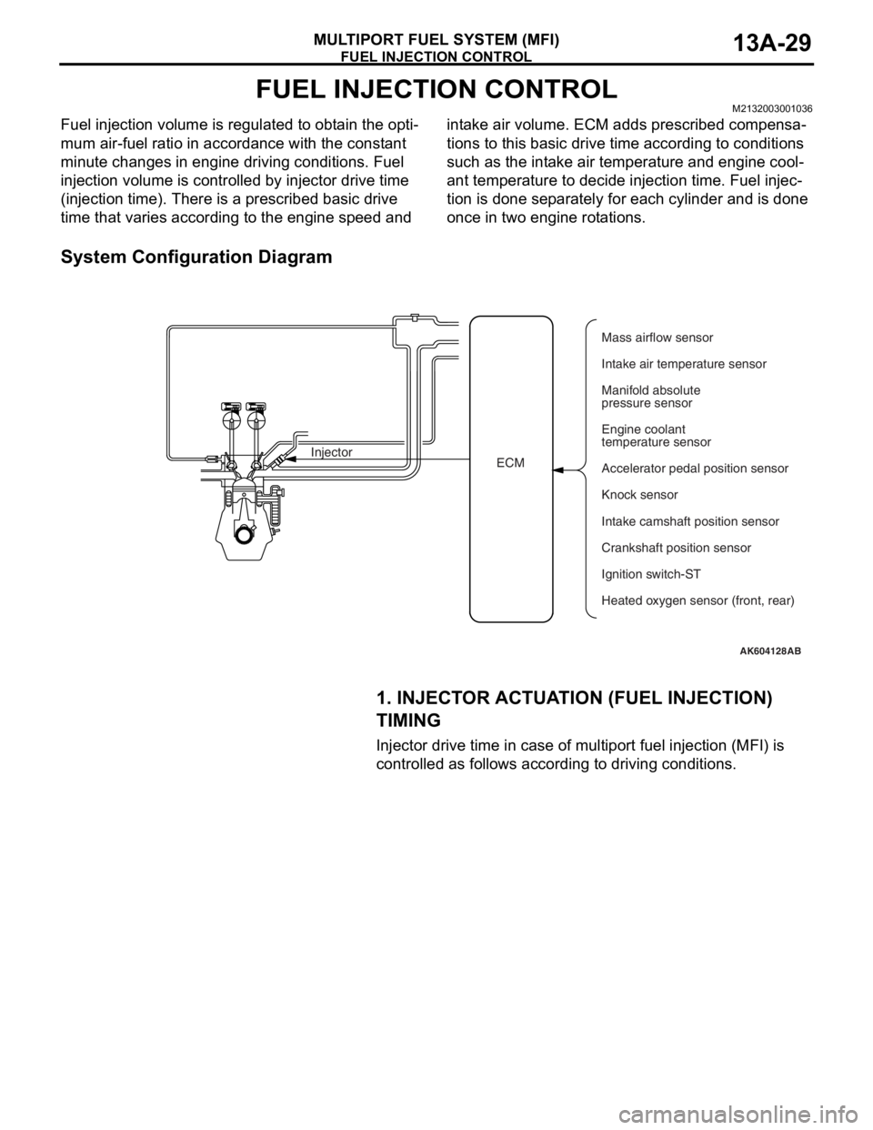 MITSUBISHI LANCER EVOLUTION X 2008 Repair Manual FUEL INJECTION CONTROL
MULTIPORT FUEL SYSTEM (MFI)13A-29
FUEL INJECTION CONTROLM2132003001036
Fuel injection volume is regulated to obtain the opti-
mum air-fuel ratio in accordance with the constant MITSUBISHI LANCER EVOLUTION X 2008 Repair Manual FUEL INJECTION CONTROL
MULTIPORT FUEL SYSTEM (MFI)13A-29
FUEL INJECTION CONTROLM2132003001036
Fuel injection volume is regulated to obtain the opti-
mum air-fuel ratio in accordance with the constant