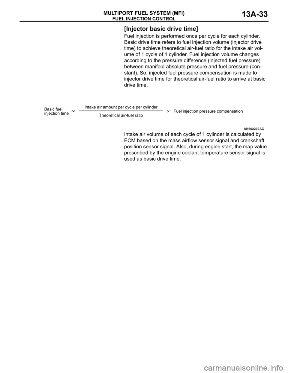 MITSUBISHI LANCER EVOLUTION X 2008 Repair Manual FUEL INJECTION CONTROL
MULTIPORT FUEL SYSTEM (MFI)13A-33
[Injector basic drive time]
Fuel injection is performed once per cycle for each cylinder. 
Basic drive time refers to fuel injection volume (in