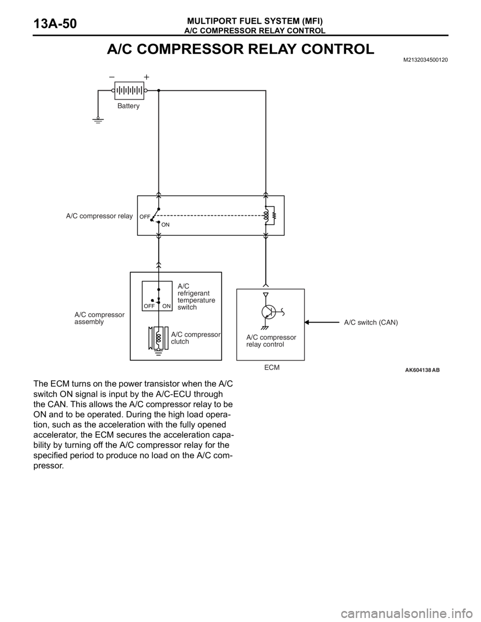 MITSUBISHI LANCER EVOLUTION X 2008 Owners Manual A/C COMPRESSOR RELAY CONTROL
MULTIPORT FUEL SYSTEM (MFI)13A-50
A/C COMPRESSOR RELAY CONTROLM2132034500120
The ECM turns on the power transistor when the A/C
switch ON signal is input by the A/C-ECU t MITSUBISHI LANCER EVOLUTION X 2008 Owners Manual A/C COMPRESSOR RELAY CONTROL
MULTIPORT FUEL SYSTEM (MFI)13A-50
A/C COMPRESSOR RELAY CONTROLM2132034500120
The ECM turns on the power transistor when the A/C
switch ON signal is input by the A/C-ECU t