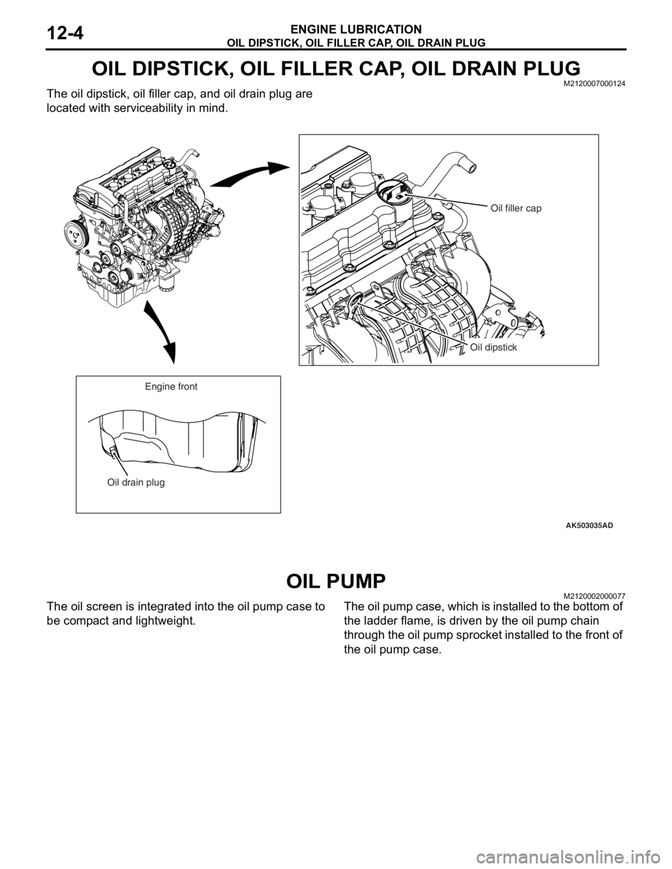 MITSUBISHI LANCER EVOLUTION X 2008  Workshop Manual OIL DIPSTICK, OIL FILLER CAP, OIL DRAIN PLUG
ENGINE LUBRICATION12-4
OIL DIPSTICK, OIL FILLER CAP, OIL DRAIN PLUGM2120007000124
The oil dipstick, oil filler cap, and oil drain plug are 
located with se