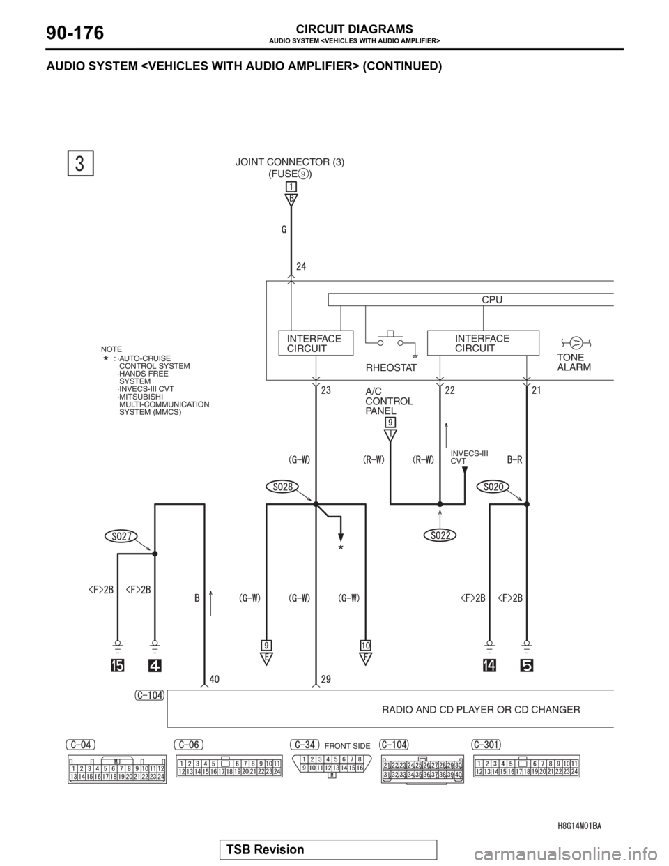 MITSUBISHI LANCER EVOLUTION X 2008 Workshop Manual AUDIO SYSTEM <VEHICLES WITH AUDIO AMPLIFIER>
TSB Revision
CIRCUIT DIAGRAMS90-176
AUDIO SYSTEM <VEHICLES WITH AUDIO AMPLIFIER> (CONTINUED)
INTERFACE
CIRCUITCPU (FUSE )
9
RHEOSTATTONE
ALARM INTERFAC MITSUBISHI LANCER EVOLUTION X 2008 Workshop Manual AUDIO SYSTEM <VEHICLES WITH AUDIO AMPLIFIER>
TSB Revision
CIRCUIT DIAGRAMS90-176
AUDIO SYSTEM <VEHICLES WITH AUDIO AMPLIFIER> (CONTINUED)
INTERFACE
CIRCUITCPU (FUSE )
9
RHEOSTATTONE
ALARM INTERFAC