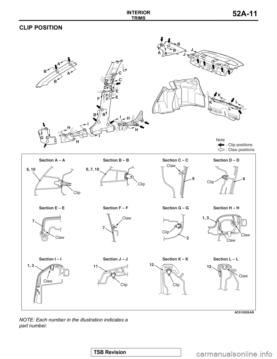 MITSUBISHI LANCER EVOLUTION X 2008  Workshop Manual 
TRIMS
TSB Revision
INTERIOR52A-11
CLIP POSITION
NOTE: Each number in the illustration indicates a 
part number.
AC610026AB
Note
         : Clip positions
         : Claw positions
Section A – A Sec
