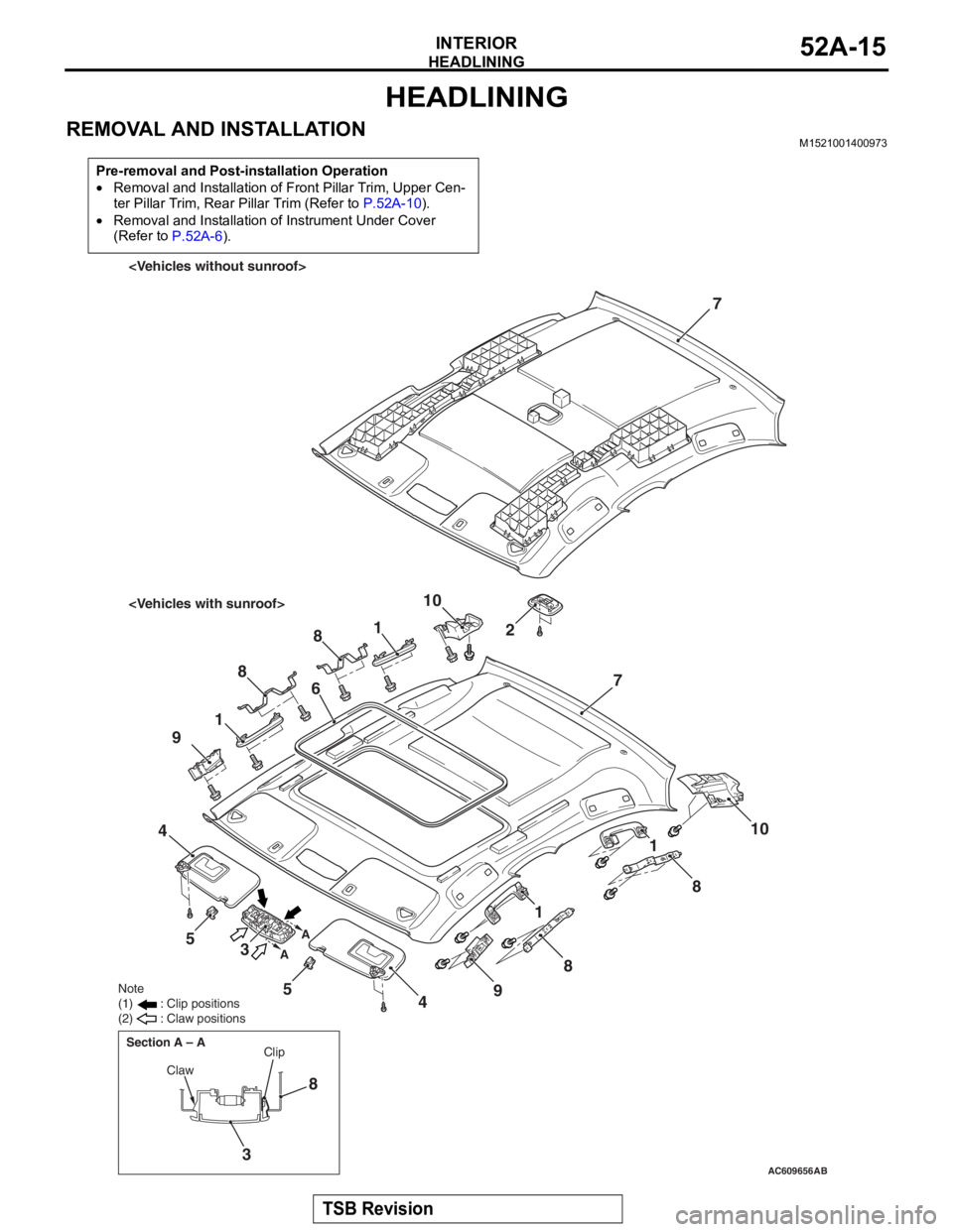 MITSUBISHI LANCER EVOLUTION X 2008  Workshop Manual 
HEADLINING
TSB Revision
INTERIOR52A-15
HEADLINING
REMOVAL AND INSTALLATIONM1521001400973
Pre-removal and Post-installation Operation
•Removal and Installation of Front Pillar Trim, Upper Cen-
ter P