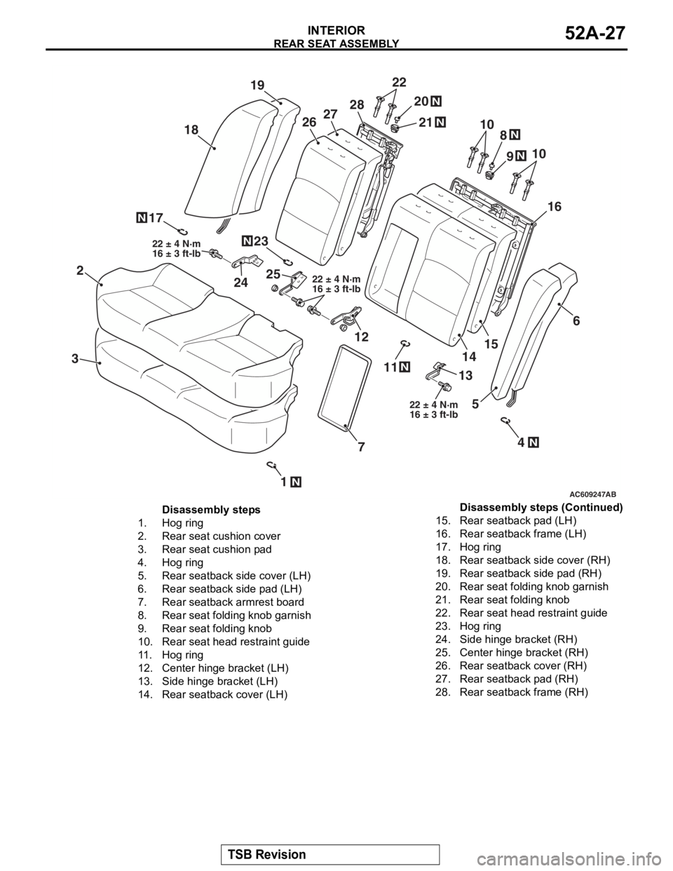 MITSUBISHI LANCER EVOLUTION X 2008 Workshop Manual
REAR SEAT ASSEMBLY
TSB Revision
INTERIOR52A-27
AC609247AB
10
17
218
19
1N
3
4
13
2524
14
12
11
23
15
6
7
8
9
5
10
22
16
20
21262728
N
N
N
N
N
N
N
N
22 ± 4 N·m
16 ± 3 ft-lb
22 ± 4 N·m
16 ± 3 ft- MITSUBISHI LANCER EVOLUTION X 2008 Workshop Manual
REAR SEAT ASSEMBLY
TSB Revision
INTERIOR52A-27
AC609247AB
10
17
218
19
1N
3
4
13
2524
14
12
11
23
15
6
7
8
9
5
10
22
16
20
21262728
N
N
N
N
N
N
N
N
22 ± 4 N·m
16 ± 3 ft-lb
22 ± 4 N·m
16 ± 3 ft-