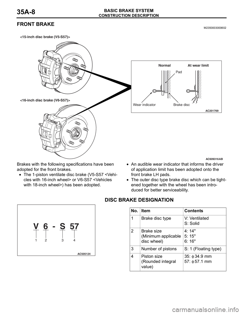 MITSUBISHI LANCER EVOLUTION X 2008 Workshop Manual CONSTRUCTION DESCRIPTION
BASIC BRAKE SYSTEM35A-8
FRONT BRAKEM2350003000602
Brakes with the following specifications have been
adopted for the front brakes.
•The 1-piston ventilate disc brake (V5-S5 MITSUBISHI LANCER EVOLUTION X 2008 Workshop Manual CONSTRUCTION DESCRIPTION
BASIC BRAKE SYSTEM35A-8
FRONT BRAKEM2350003000602
Brakes with the following specifications have been
adopted for the front brakes.
•The 1-piston ventilate disc brake (V5-S5