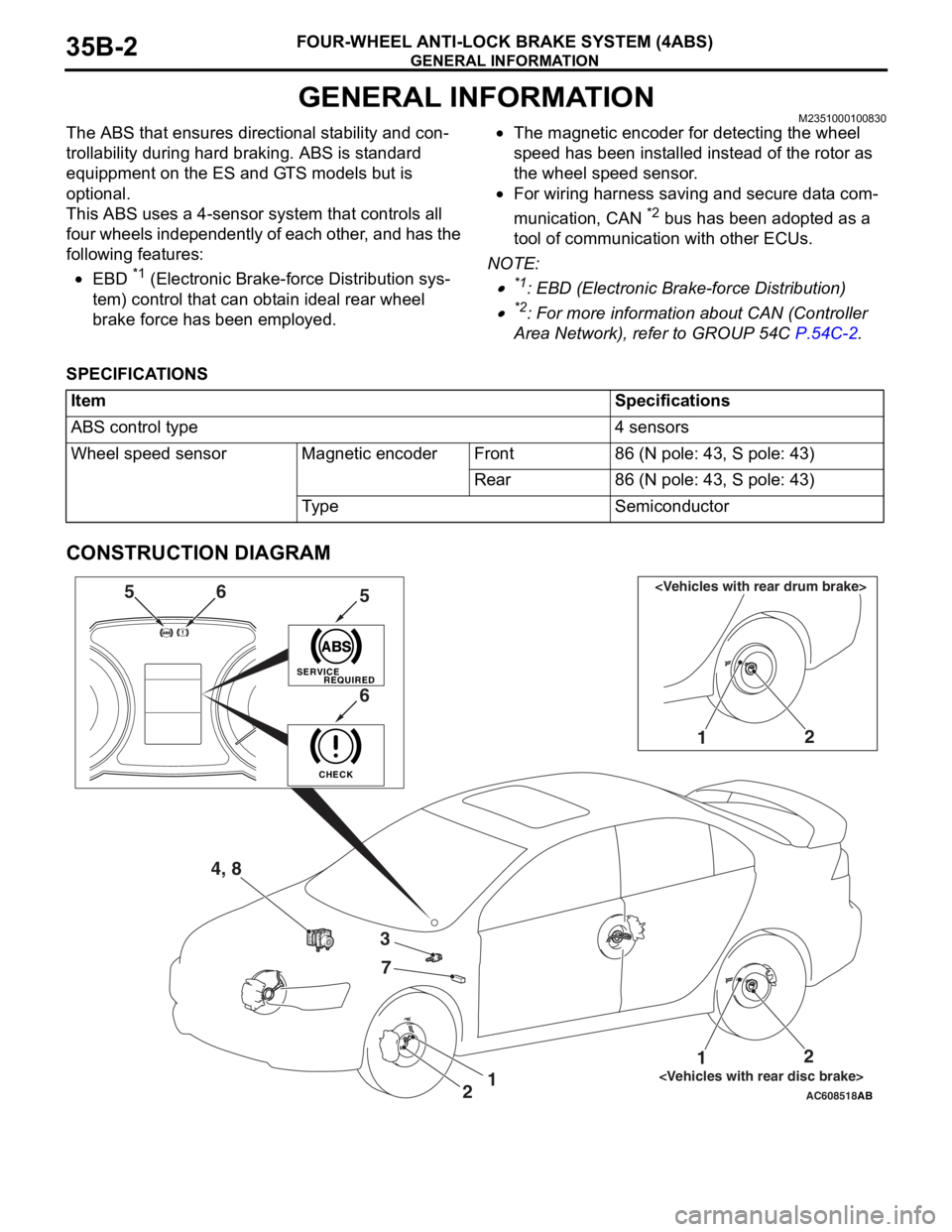 MITSUBISHI LANCER EVOLUTION X 2008 Workshop Manual GENERAL INFORMATION
FOUR-WHEEL ANTI-LOCK BRAKE SYSTEM (4ABS)35B-2
GENERAL INFORMATIONM2351000100830
The ABS that ensures directional stability and con-
trollability during hard braking. ABS is standar MITSUBISHI LANCER EVOLUTION X 2008 Workshop Manual GENERAL INFORMATION
FOUR-WHEEL ANTI-LOCK BRAKE SYSTEM (4ABS)35B-2
GENERAL INFORMATIONM2351000100830
The ABS that ensures directional stability and con-
trollability during hard braking. ABS is standar