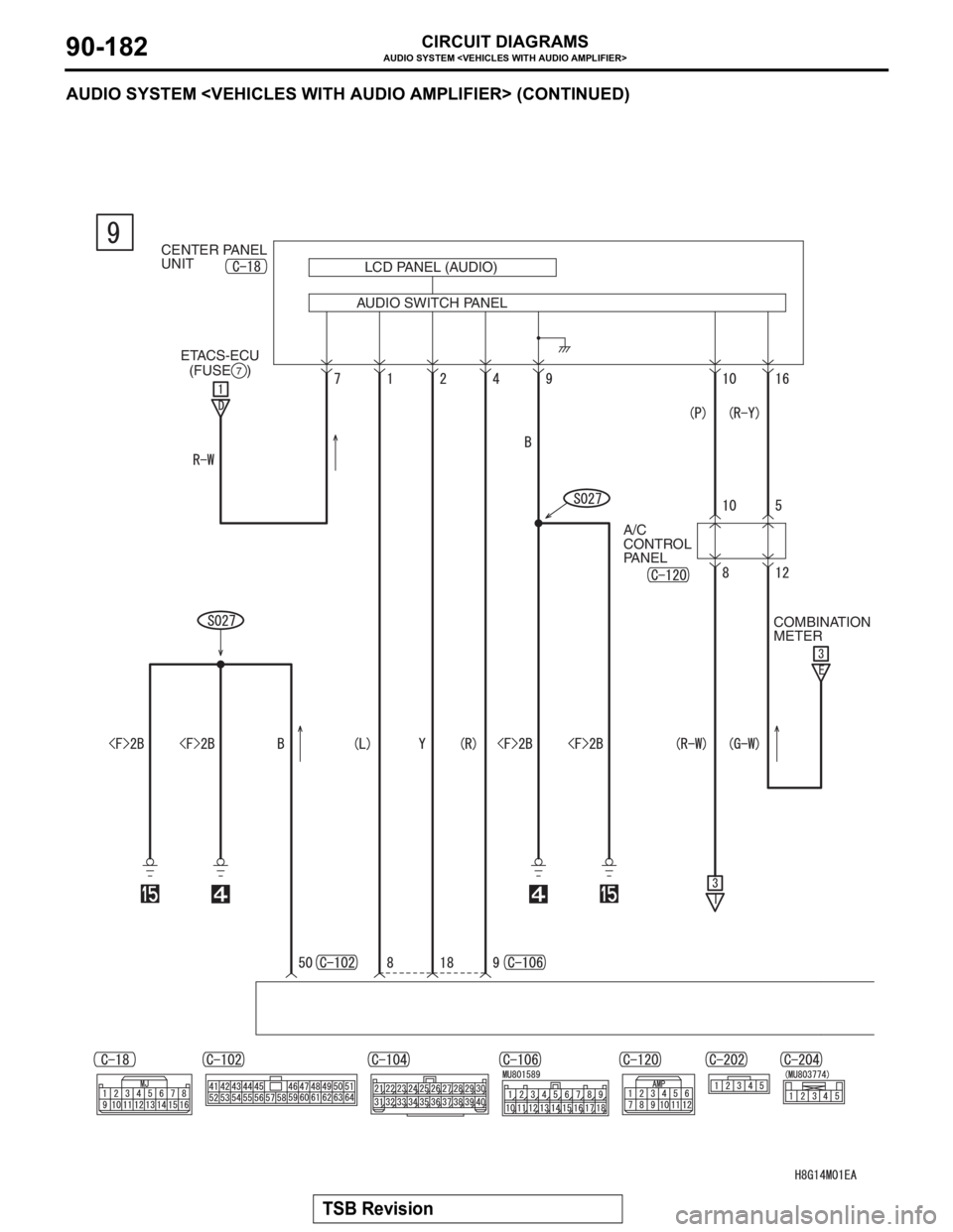 MITSUBISHI LANCER EVOLUTION X 2008 Owners Manual AUDIO SYSTEM <VEHICLES WITH AUDIO AMPLIFIER>
TSB Revision
CIRCUIT DIAGRAMS90-182
AUDIO SYSTEM <VEHICLES WITH AUDIO AMPLIFIER> (CONTINUED)
ETACS-ECU
(FUSE    )7
CENTER PANEL 
UNIT
LCD PANEL (AUDIO)
AUD