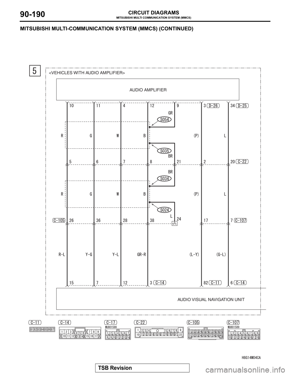 MITSUBISHI LANCER EVOLUTION X 2008 Owners Guide MITSUBISHI MULTI COMMUNICATION SYSTEM (MMCS)
TSB Revision
CIRCUIT DIAGRAMS90-190
MITSUBISHI MULTI-COMMUNICATION SYSTEM (MMCS) (CONTINUED)
AUDIO AMPLIFIER
AUDIO VISUAL NAVIGATION UNIT <VEHICLES WITH AU MITSUBISHI LANCER EVOLUTION X 2008 Owners Guide MITSUBISHI MULTI COMMUNICATION SYSTEM (MMCS)
TSB Revision
CIRCUIT DIAGRAMS90-190
MITSUBISHI MULTI-COMMUNICATION SYSTEM (MMCS) (CONTINUED)
AUDIO AMPLIFIER
AUDIO VISUAL NAVIGATION UNIT <VEHICLES WITH AU