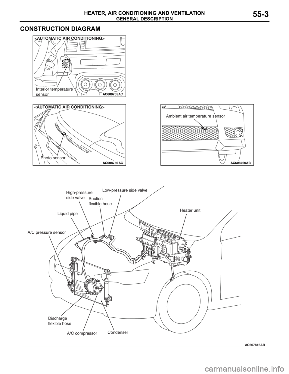 MITSUBISHI LANCER EVOLUTION X 2008 Owners Guide GENERAL DESCRIPTION
HEATER, AIR CONDITIONING AND VENTILATION55-3
CONSTRUCTION DIAGRAM
AC608755ACInterior temperature
sensor
<AUTOMATIC AIR CONDITIONING>
AC608756AC
Photo sensor
<AUTOMATIC AIR CONDITIO MITSUBISHI LANCER EVOLUTION X 2008 Owners Guide GENERAL DESCRIPTION
HEATER, AIR CONDITIONING AND VENTILATION55-3
CONSTRUCTION DIAGRAM
AC608755ACInterior temperature
sensor
<AUTOMATIC AIR CONDITIONING>
AC608756AC
Photo sensor
<AUTOMATIC AIR CONDITIO