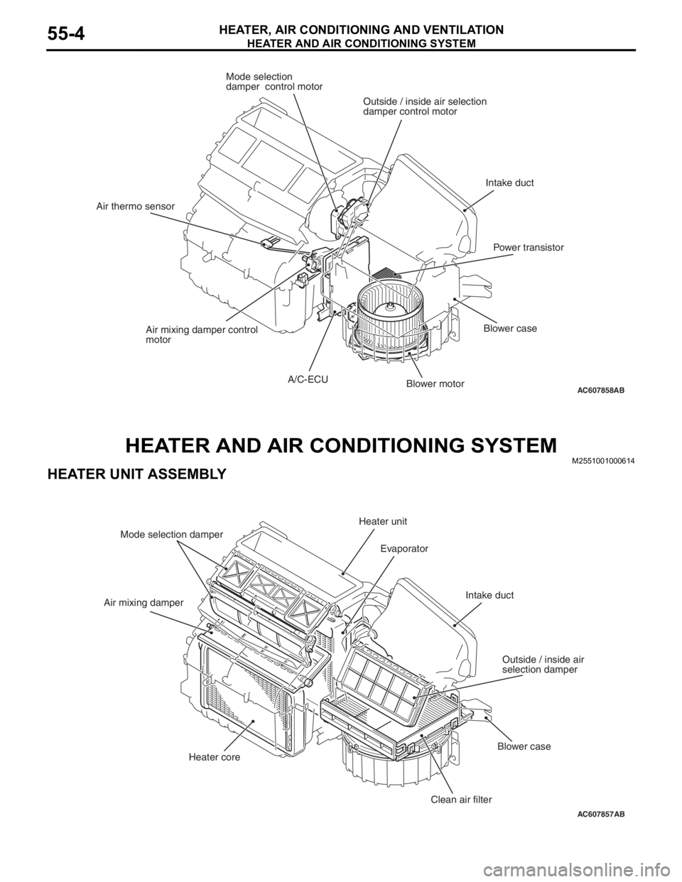 MITSUBISHI LANCER EVOLUTION X 2008 Owners Guide HEATER AND AIR CONDITIONING SYSTEM
HEATER, AIR CONDITIONING AND VENTILATION55-4
HEATER AND AIR CONDITIONING SYSTEMM2551001000614
HEATER UNIT ASSEMBLY
AC607858Blower motor Outside / inside air selectio MITSUBISHI LANCER EVOLUTION X 2008 Owners Guide HEATER AND AIR CONDITIONING SYSTEM
HEATER, AIR CONDITIONING AND VENTILATION55-4
HEATER AND AIR CONDITIONING SYSTEMM2551001000614
HEATER UNIT ASSEMBLY
AC607858Blower motor Outside / inside air selectio