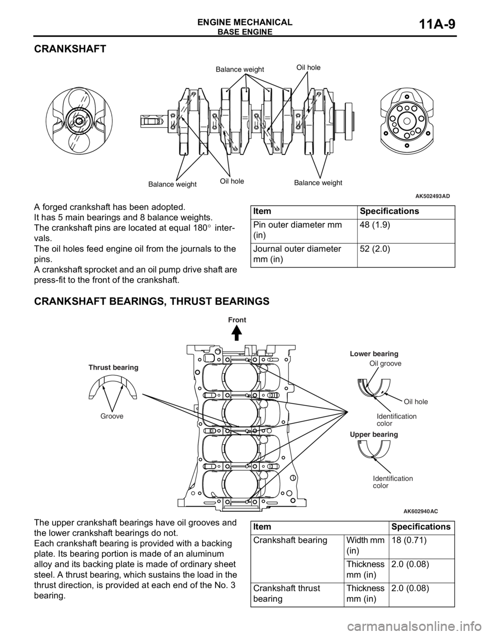 MITSUBISHI LANCER EVOLUTION X 2008 Repair Manual BASE ENGINE
ENGINE MECHANICAL11A-9
CRANKSHAFT
A forged crankshaft has been adopted.
It has 5 main bearings and 8 balance weights.
The crankshaft pins are located at equal 180° inter-
vals.
The oil ho MITSUBISHI LANCER EVOLUTION X 2008 Repair Manual BASE ENGINE
ENGINE MECHANICAL11A-9
CRANKSHAFT
A forged crankshaft has been adopted.
It has 5 main bearings and 8 balance weights.
The crankshaft pins are located at equal 180° inter-
vals.
The oil ho