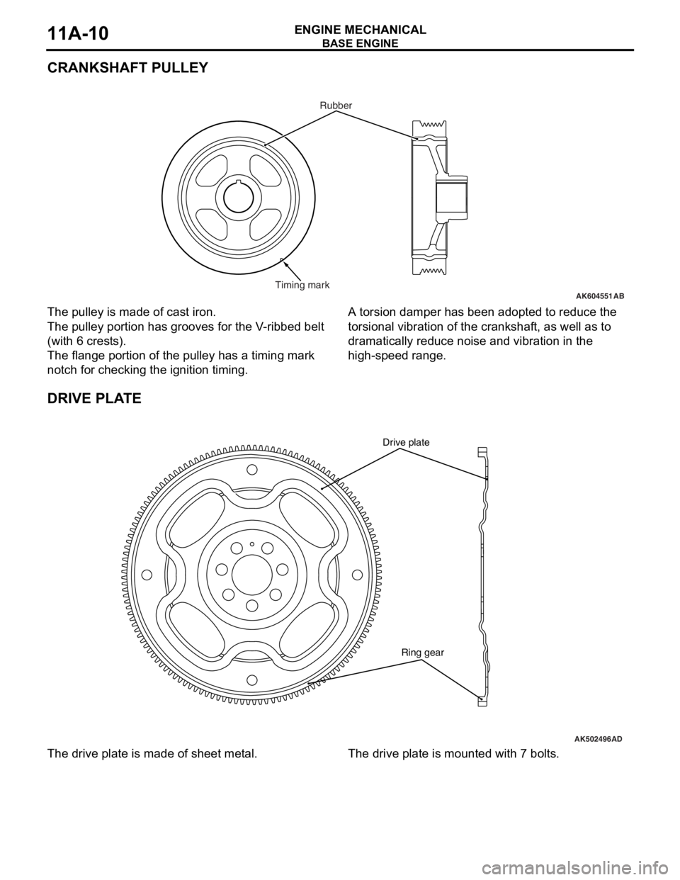 MITSUBISHI LANCER EVOLUTION X 2008 Repair Manual BASE ENGINE
ENGINE MECHANICAL11A-10
CRANKSHAFT PULLEY
The pulley is made of cast iron.
The pulley portion has grooves for the V-ribbed belt
(with 6 crests).
The flange portion of the pulley has a tim MITSUBISHI LANCER EVOLUTION X 2008 Repair Manual BASE ENGINE
ENGINE MECHANICAL11A-10
CRANKSHAFT PULLEY
The pulley is made of cast iron.
The pulley portion has grooves for the V-ribbed belt
(with 6 crests).
The flange portion of the pulley has a tim