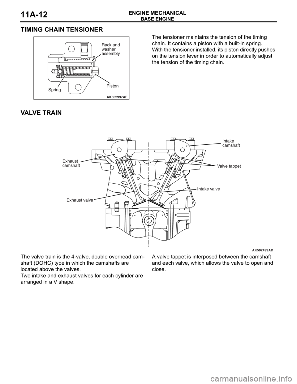 MITSUBISHI LANCER EVOLUTION X 2008 Repair Manual BASE ENGINE
ENGINE MECHANICAL11A-12
TIMING CHAIN TENSIONER
The tensioner maintains the tension of the timing
chain. It contains a piston with a built-in spring.
With the tensioner installed, its pist MITSUBISHI LANCER EVOLUTION X 2008 Repair Manual BASE ENGINE
ENGINE MECHANICAL11A-12
TIMING CHAIN TENSIONER
The tensioner maintains the tension of the timing
chain. It contains a piston with a built-in spring.
With the tensioner installed, its pist