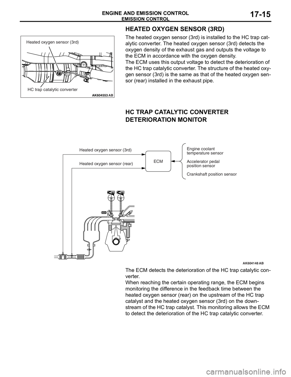 MITSUBISHI LANCER EVOLUTION X 2008 Owners Guide EMISSION CONTROL
ENGINE AND EMISSION CONTROL17-15
HEATED OXYGEN SENSOR (3RD)
The heated oxygen sensor (3rd) is installed to the HC trap cat-
alytic converter. The heated oxygen sensor (3rd) detects th MITSUBISHI LANCER EVOLUTION X 2008 Owners Guide EMISSION CONTROL
ENGINE AND EMISSION CONTROL17-15
HEATED OXYGEN SENSOR (3RD)
The heated oxygen sensor (3rd) is installed to the HC trap cat-
alytic converter. The heated oxygen sensor (3rd) detects th