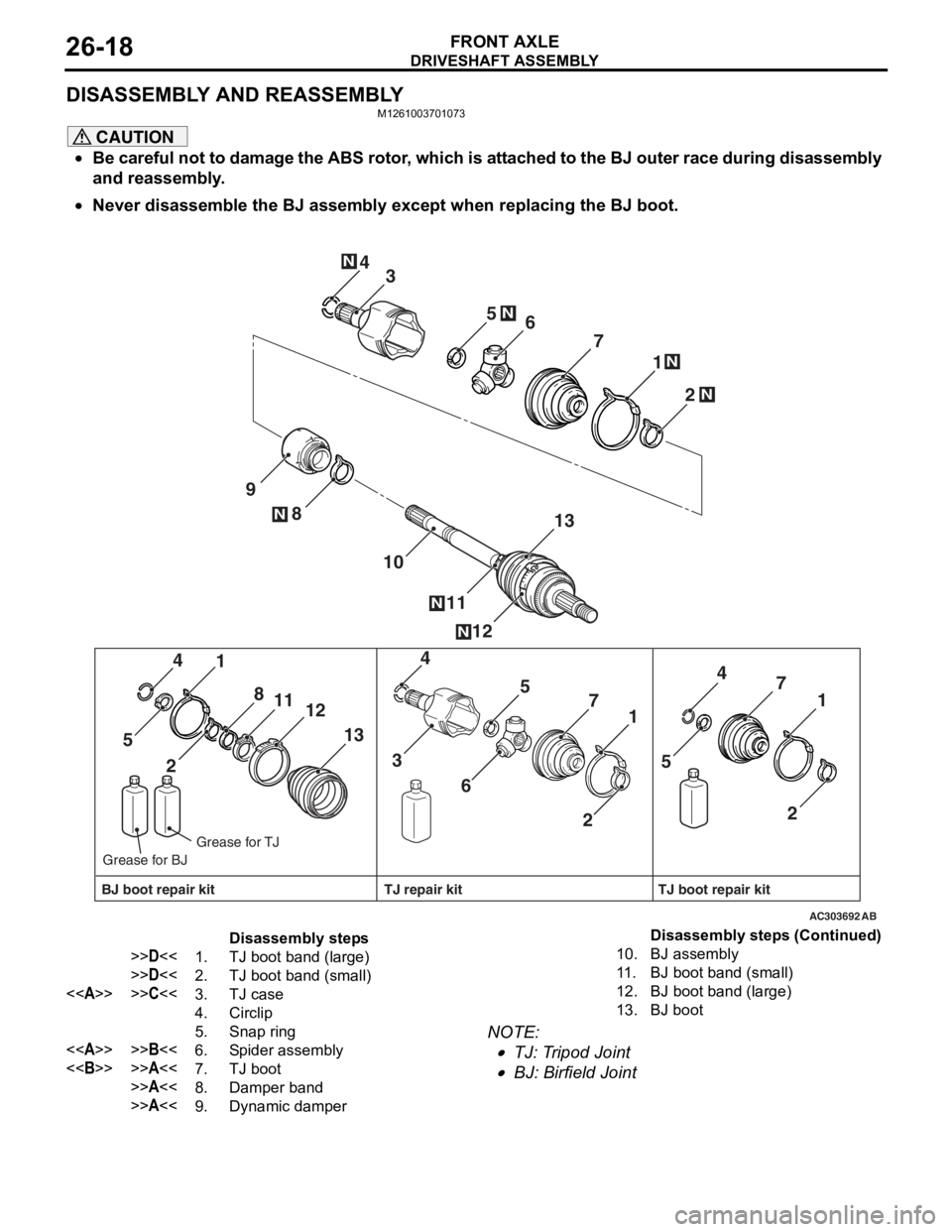MITSUBISHI LANCER IX 2006 Service Manual
DRIVESHAFT ASSEMBLY
FRONT AXLE26-18
DISASSEMBLY AND REASSEMBLY
M1261003701073
CAUTION
•Be careful not to damage the ABS rotor, which is attached to the BJ outer race during disassembly
and reassem MITSUBISHI LANCER IX 2006 Service Manual
DRIVESHAFT ASSEMBLY
FRONT AXLE26-18
DISASSEMBLY AND REASSEMBLY
M1261003701073
CAUTION
•Be careful not to damage the ABS rotor, which is attached to the BJ outer race during disassembly
and reassem