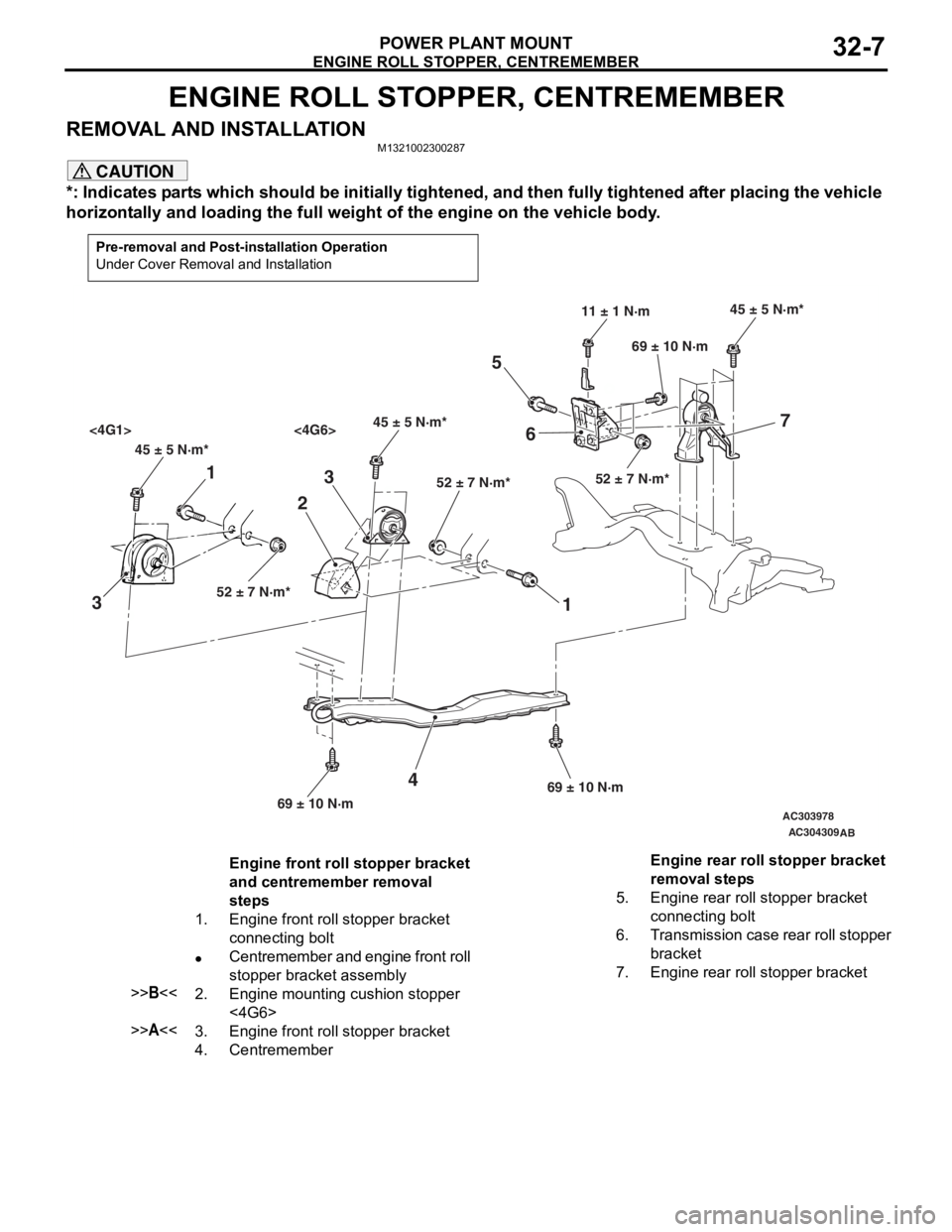 MITSUBISHI LANCER IX 2006 Service Manual
ENGINE ROLL STOPPER, CENTREMEMBER
POWER PLANT MOUNT32-7
ENGINE ROLL STOPPER, CENTREMEMBER
REMOVAL AND INSTALLATIONM1321002300287
CAUTION
*: Indicates parts which should be initially tightened, and th MITSUBISHI LANCER IX 2006 Service Manual
ENGINE ROLL STOPPER, CENTREMEMBER
POWER PLANT MOUNT32-7
ENGINE ROLL STOPPER, CENTREMEMBER
REMOVAL AND INSTALLATIONM1321002300287
CAUTION
*: Indicates parts which should be initially tightened, and th