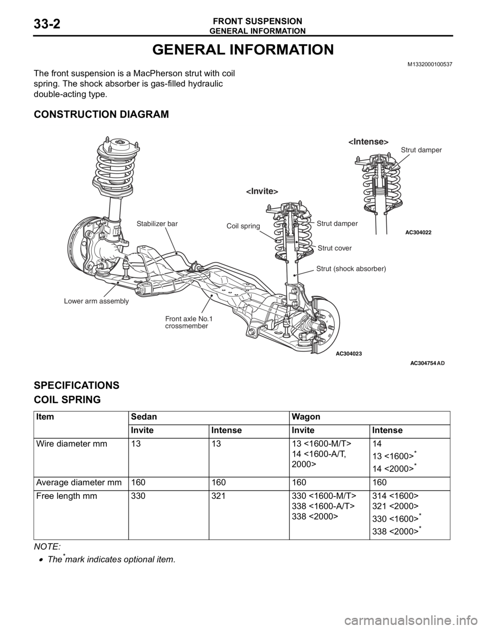 MITSUBISHI LANCER IX 2006 Service Manual
GENERAL INFORMATION
FRONT SUSPENSION33-2
GENERAL INFORMATION
M1332000100537
The front suspension is a MacPherson strut with coil
spring. The shock absorber is gas-filled hydraulic
double-acting typ MITSUBISHI LANCER IX 2006 Service Manual
GENERAL INFORMATION
FRONT SUSPENSION33-2
GENERAL INFORMATION
M1332000100537
The front suspension is a MacPherson strut with coil
spring. The shock absorber is gas-filled hydraulic
double-acting typ