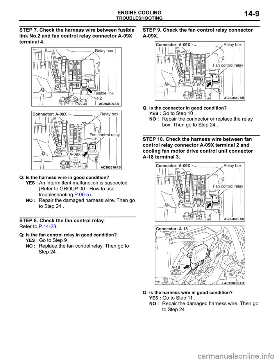 MITSUBISHI LANCER IX 2006 Service Manual
TROUBLESHOOTING
ENGINE COOLING14-9
STEP 7. Check the harness wire between fusible
link No.2 and fan control relay connector A-09X
terminal 4.
AC303509AB
Fusible link
No.2
Relay box
AC303510AB
Fan c MITSUBISHI LANCER IX 2006 Service Manual
TROUBLESHOOTING
ENGINE COOLING14-9
STEP 7. Check the harness wire between fusible
link No.2 and fan control relay connector A-09X
terminal 4.
AC303509AB
Fusible link
No.2
Relay box
AC303510AB
Fan c