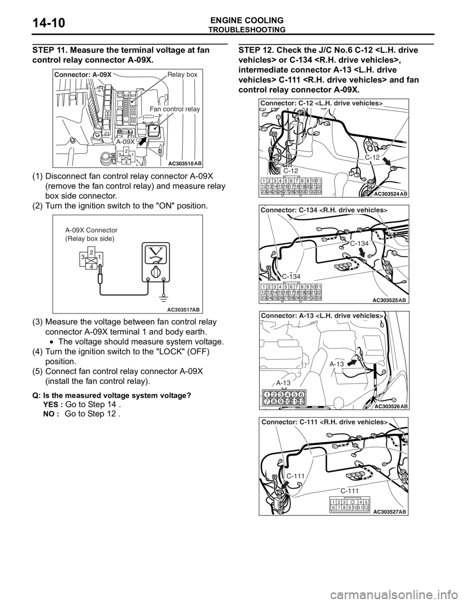 MITSUBISHI LANCER IX 2006 Service Manual
TROUBLESHOOTING
ENGINE COOLING14-10
STEP 11. Measure the terminal voltage at fan
control relay connector A-09X.
AC303510AB
Fan control relay
Relay boxConnector: A-09X
A-09X
(1)D isconn ect f an co n MITSUBISHI LANCER IX 2006 Service Manual
TROUBLESHOOTING
ENGINE COOLING14-10
STEP 11. Measure the terminal voltage at fan
control relay connector A-09X.
AC303510AB
Fan control relay
Relay boxConnector: A-09X
A-09X
(1)D isconn ect f an co n