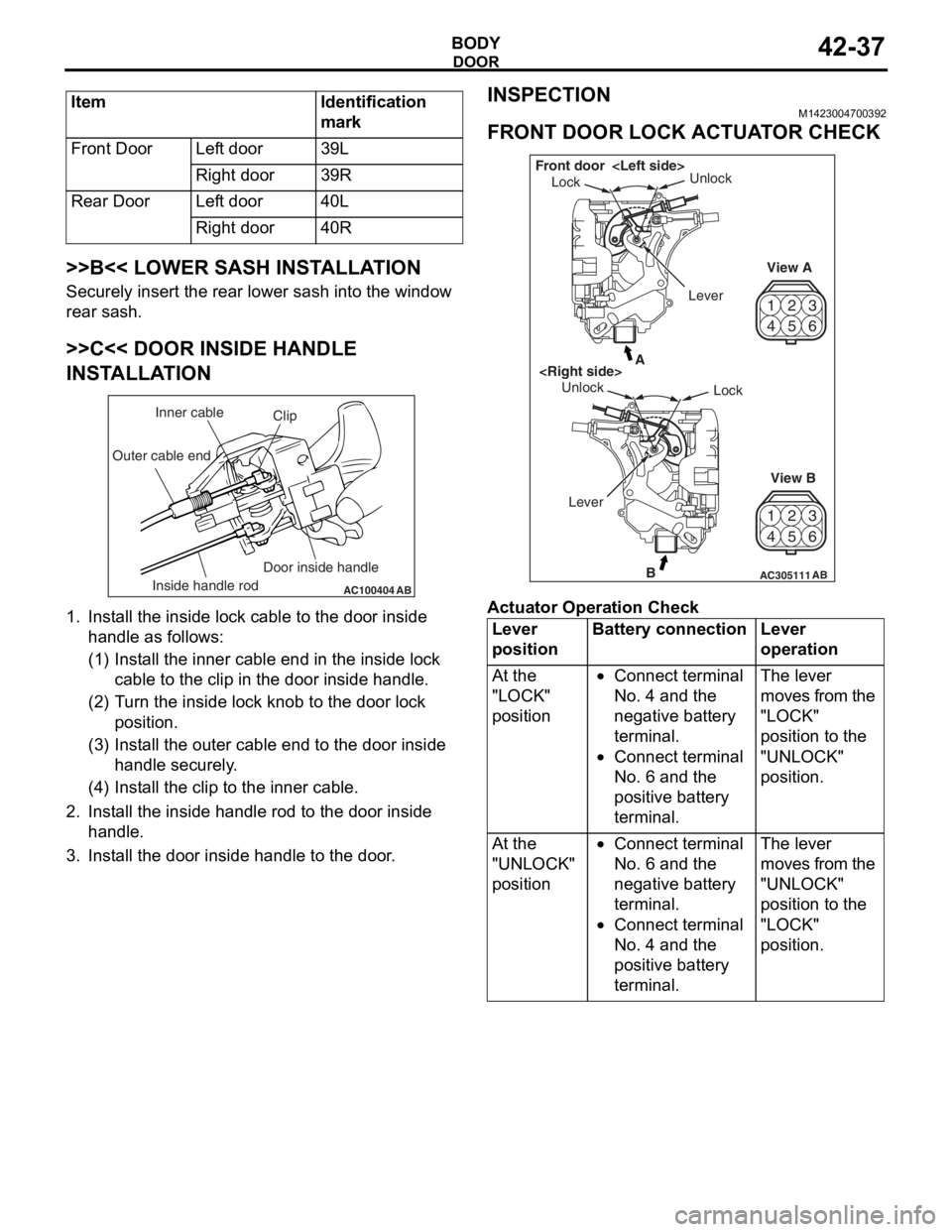 MITSUBISHI LANCER IX 2006 Service Manual
ItemIdentification
mark
Front DoorLeft door39L
Right door39R
Rear DoorLeft door40L
Right door40R
DOOR
BODY42-37
>>B<< LOWER SASH INSTALLATION
Securely insert the rear lower sash into the window
rea MITSUBISHI LANCER IX 2006 Service Manual
ItemIdentification
mark
Front DoorLeft door39L
Right door39R
Rear DoorLeft door40L
Right door40R
DOOR
BODY42-37
>>B<< LOWER SASH INSTALLATION
Securely insert the rear lower sash into the window
rea