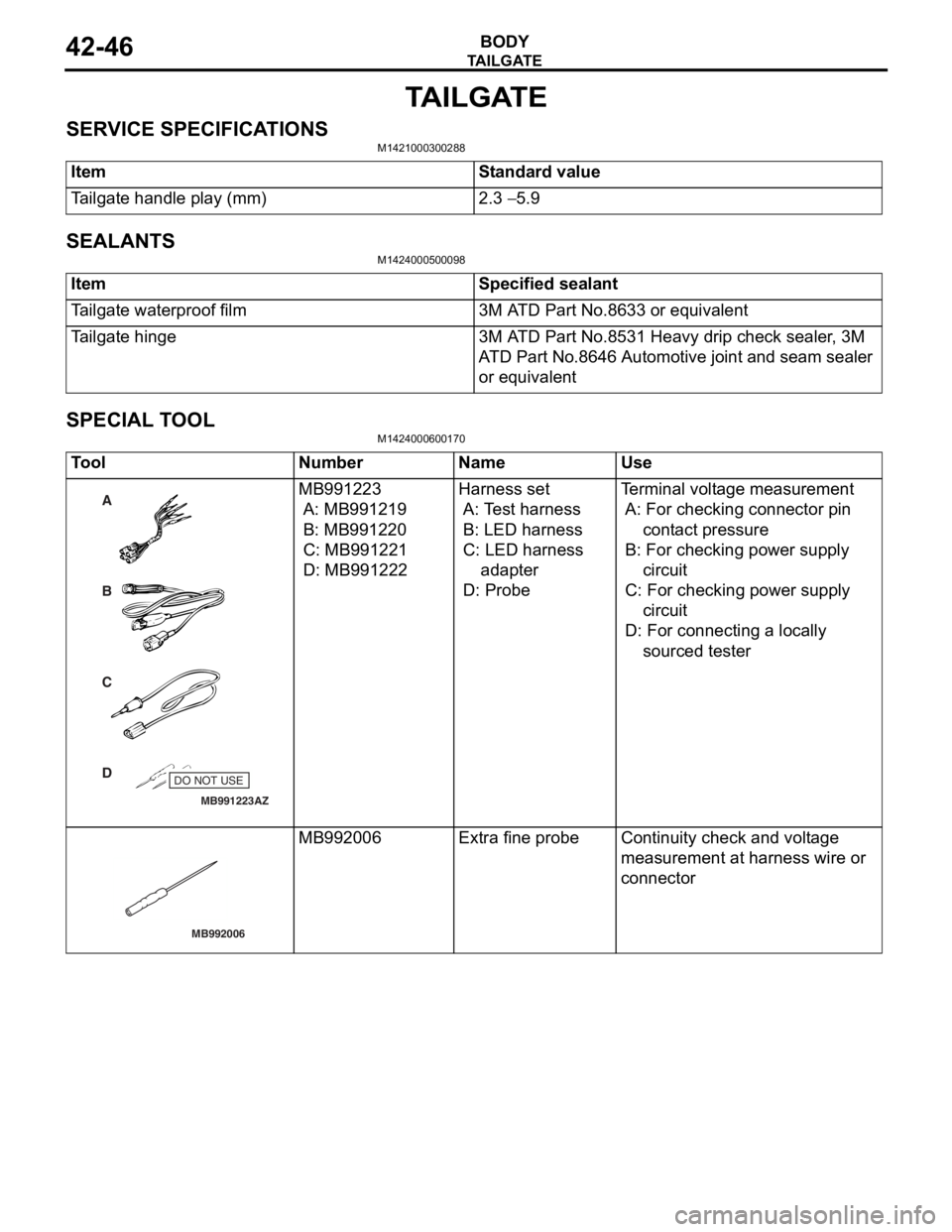 MITSUBISHI LANCER IX 2006 Service Manual
TAILGATE
BODY42-46
TA I L G AT E
SERVICE SPECIFICATIONSM1421000300288
ItemStandard value
Tailgate handle play (mm)2.3 − 5.9
SEALANTS
M1424000500098
ItemSpecified sealant
Tailgate waterproof film3M MITSUBISHI LANCER IX 2006 Service Manual
TAILGATE
BODY42-46
TA I L G AT E
SERVICE SPECIFICATIONSM1421000300288
ItemStandard value
Tailgate handle play (mm)2.3 − 5.9
SEALANTS
M1424000500098
ItemSpecified sealant
Tailgate waterproof film3M