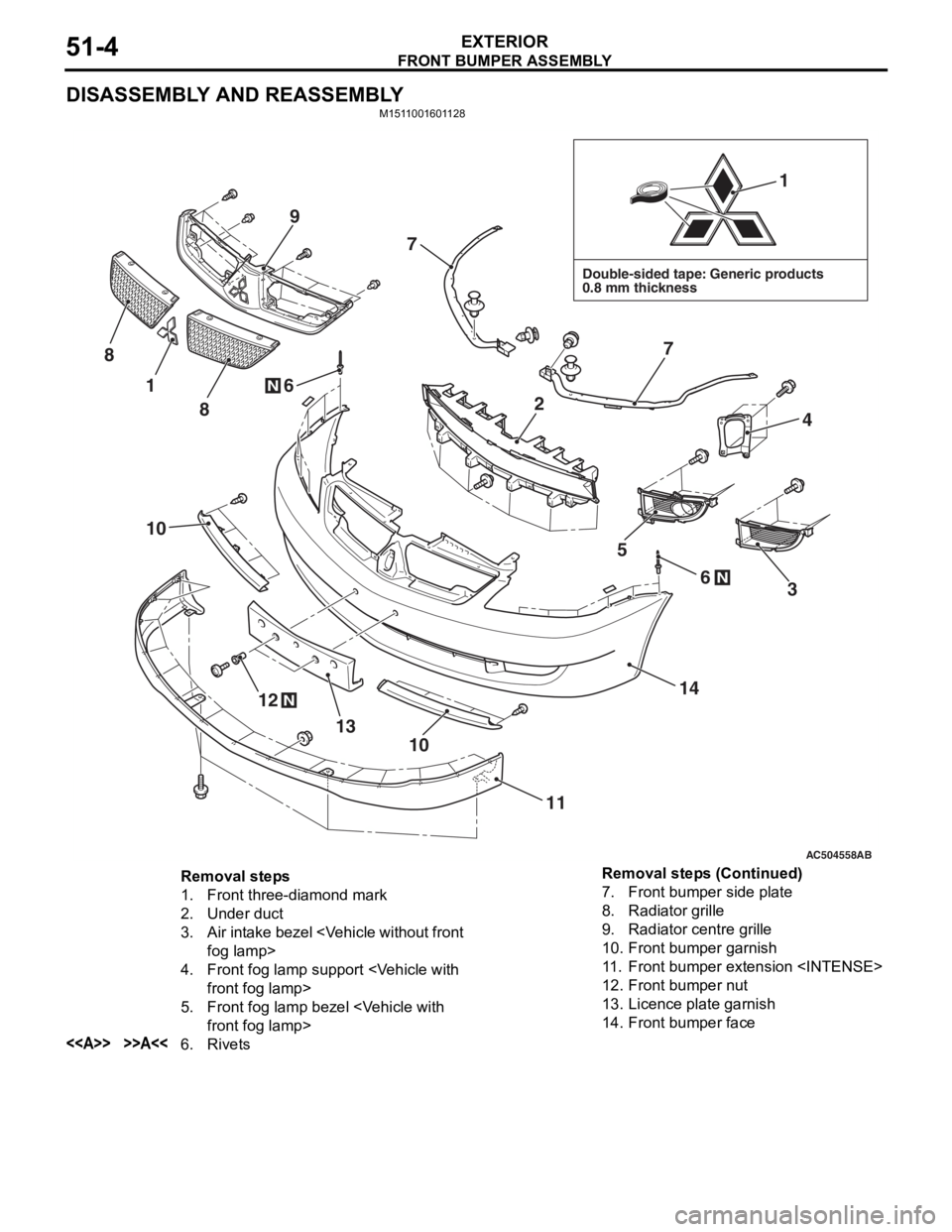 MITSUBISHI LANCER IX 2006 Service Manual
FRONT BUMPER ASSEMBLY
EXTERIOR51-4
DISASSEMBLY AND REASSEMBLY
M1511001601128
AC504558AB
Double-sided tape: Generic products
0.8 mm thickness
1
1
12
13
14
11
10
10
4
7
7
6
6
8
9
8
5
3N
N
N
2
Removal MITSUBISHI LANCER IX 2006 Service Manual
FRONT BUMPER ASSEMBLY
EXTERIOR51-4
DISASSEMBLY AND REASSEMBLY
M1511001601128
AC504558AB
Double-sided tape: Generic products
0.8 mm thickness
1
1
12
13
14
11
10
10
4
7
7
6
6
8
9
8
5
3N
N
N
2
Removal