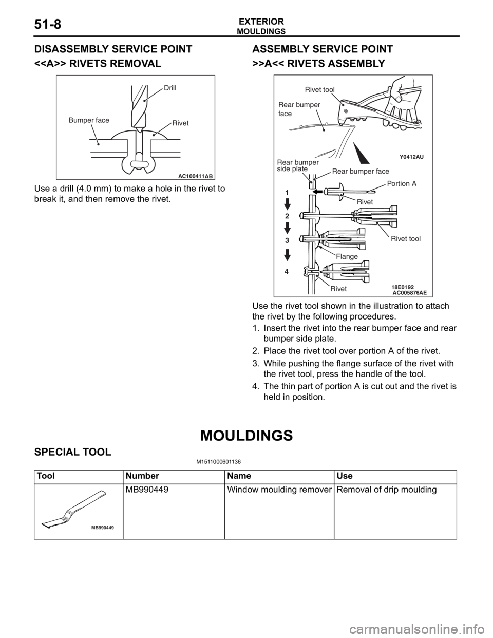 MITSUBISHI LANCER IX 2006 Service Manual
MOULDINGS
EXTERIOR51-8
DISASSEMBLY SERVICE POINT
<<A>> RIVETS REMOVAL
AC100411AB
Rivet
Drill
Bumper face
Use a d r ill (4.0 mm) to make a h o le in the rive t to
break it, an
d then remo ve th e MITSUBISHI LANCER IX 2006 Service Manual
MOULDINGS
EXTERIOR51-8
DISASSEMBLY SERVICE POINT
<<A>> RIVETS REMOVAL
AC100411AB
Rivet
Drill
Bumper face
Use a d r ill (4.0 mm) to make a h o le in the rive t to
break it, an
d then remo ve th e