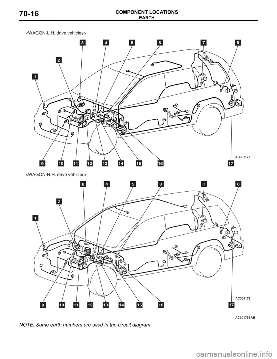 MITSUBISHI LANCER IX 2006  Service Manual 
AC301756AC301177
AC301178
<WAGON-L.H. drive vehicles>
3
2
1
4567
91011121314151617
<WAGON-R.H. drive vehicles>
AB
8
2
1
4567
91011121314151617
83
EARTH
COMPONENT LOCA TIONS70-16
NOTE: Same earth  num