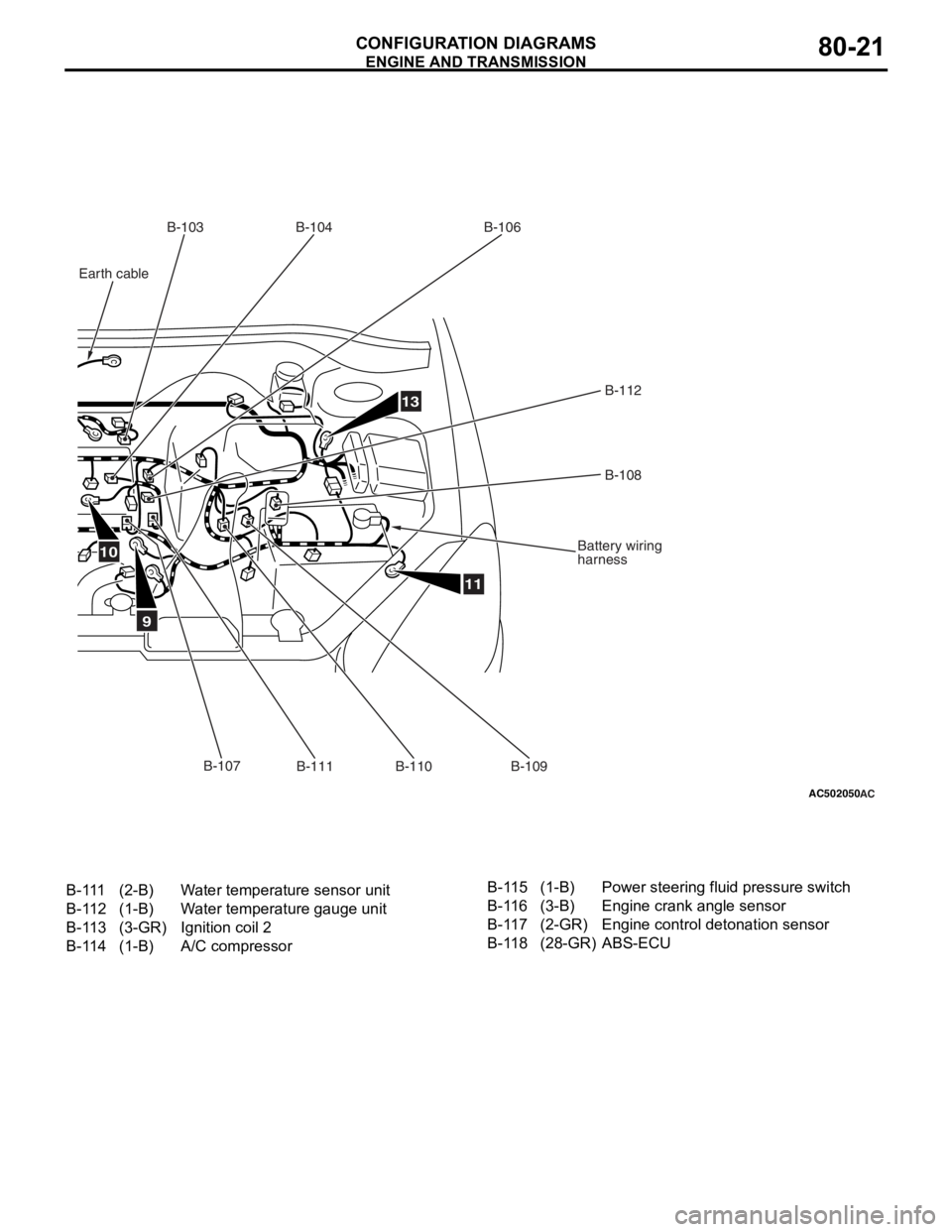 MITSUBISHI LANCER IX 2006 Workshop Manual
AC502050AC
9
10
11
13
B-103B-104
B-106
B-112B-108
Battery wiring
harness
B-111
B-110B-107
Earth cable
B-109
B-111(2-B)Water temperature sensor unit
B-112(1-B)Water temperature gauge unit
B-113(3-GR)I MITSUBISHI LANCER IX 2006 Workshop Manual
AC502050AC
9
10
11
13
B-103B-104
B-106
B-112B-108
Battery wiring
harness
B-111
B-110B-107
Earth cable
B-109
B-111(2-B)Water temperature sensor unit
B-112(1-B)Water temperature gauge unit
B-113(3-GR)I