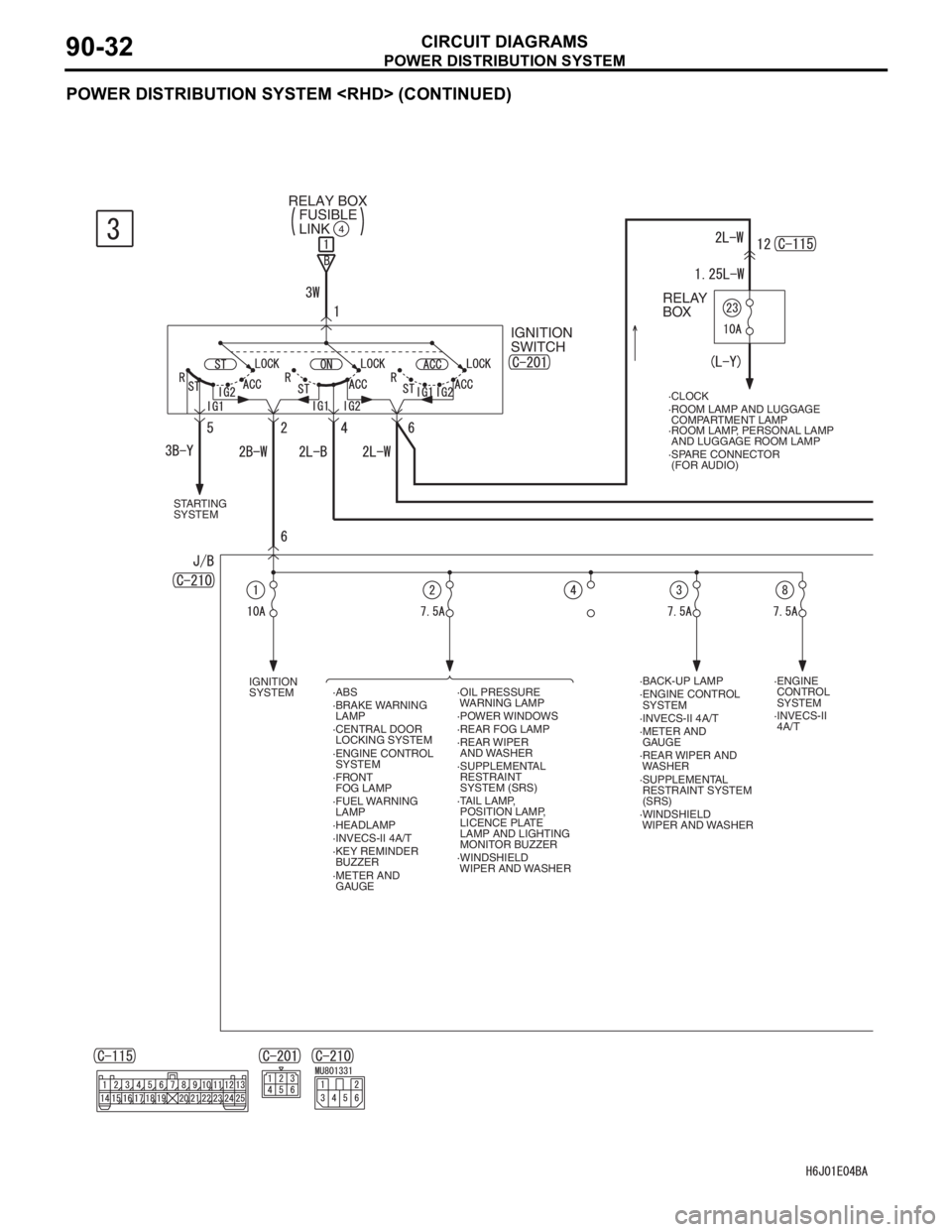 MITSUBISHI LANCER IX 2006 Workshop Manual POWER DISTRIBUTION SYSTEM
CIRCUIT DIAGRAMS90-32
POWER DISTRIBUTION SYSTEM <RHD> (CONTINUED)
IGNITION
SWITCHRELAY
BOX
·CLOCK
·ROOM LAMP AND LUGGAGE
COMPARTMENT LAMP
·ROOM LAMP, PERSONAL LAMP
AN MITSUBISHI LANCER IX 2006 Workshop Manual POWER DISTRIBUTION SYSTEM
CIRCUIT DIAGRAMS90-32
POWER DISTRIBUTION SYSTEM <RHD> (CONTINUED)
IGNITION
SWITCHRELAY
BOX
·CLOCK
·ROOM LAMP AND LUGGAGE
COMPARTMENT LAMP
·ROOM LAMP, PERSONAL LAMP
AN
