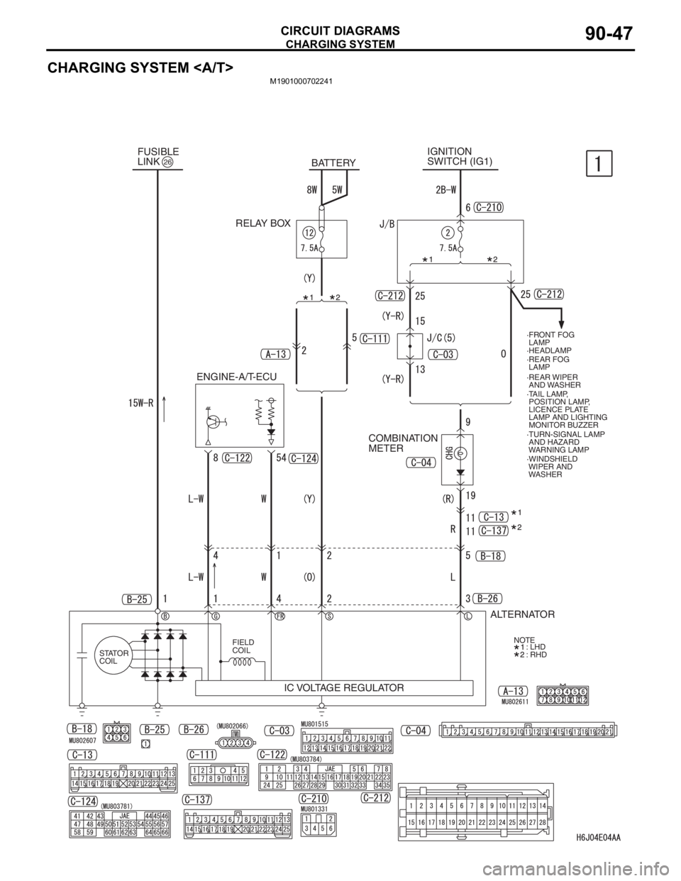 MITSUBISHI LANCER IX 2006 Repair Manual CHARGING SYSTEM
CIRCUIT DIAGRAMS90-47
CHARGING SYSTEM <A/T>
M1901000702241
IGNITION 
SWITCH (IG1)
BATTERY
ENGINE-A/T-ECU
COMBINATION 
METER
ALTERNATOR
STATOR 
COILFIELD 
COIL
IC VOLTAGE REGULATOR
NOTE