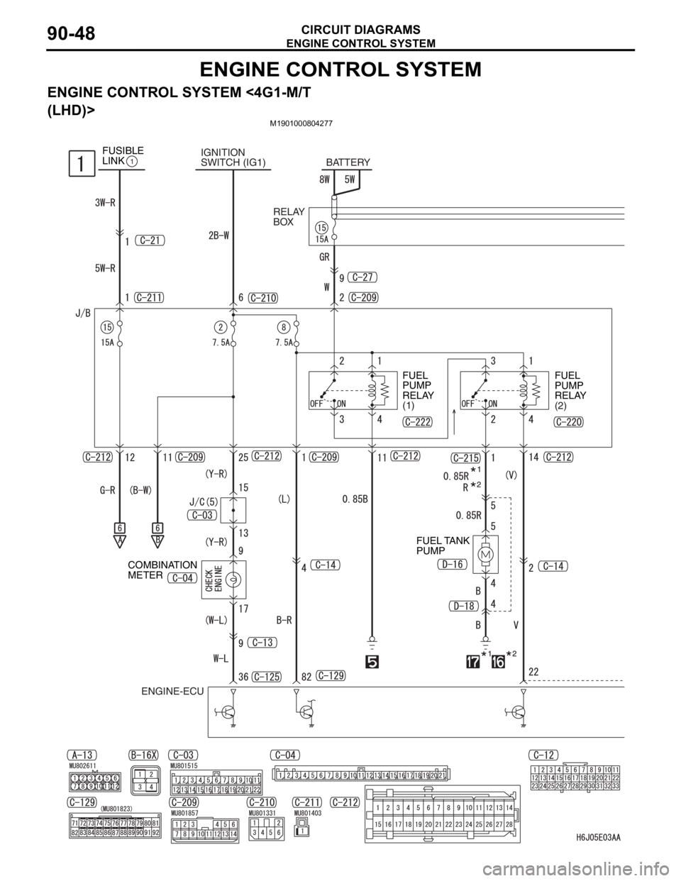 MITSUBISHI LANCER IX 2006 Repair Manual ENGINE CONTROL SYSTEM
CIRCUIT DIAGRAMS90-48
ENGINE CONTROL SYSTEM
ENGINE CONTROL SYSTEM <4G1-M/T 
(LHD)>
M1901000804277
IGNITION
SWITCH (IG1)
ENGINE-ECUFUEL 
PUMP 
RELAY 
(1)FUEL 
PUMP 
RELAY 
(2)
COM