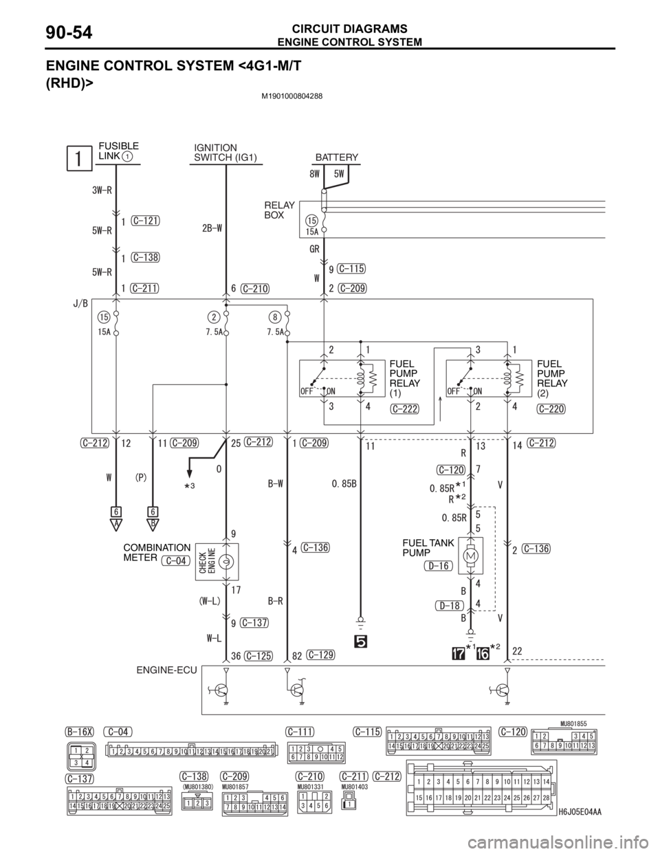 MITSUBISHI LANCER IX 2006 Repair Manual ENGINE CONTROL SYSTEM
CIRCUIT DIAGRAMS90-54
ENGINE CONTROL SYSTEM <4G1-M/T 
(RHD)>
M1901000804288
IGNITION
SWITCH (IG1)
ENGINE-ECUFUEL 
PUMP 
RELAY 
(1)FUEL 
PUMP 
RELAY 
(2)
COMBINATION 
METERBATTERY