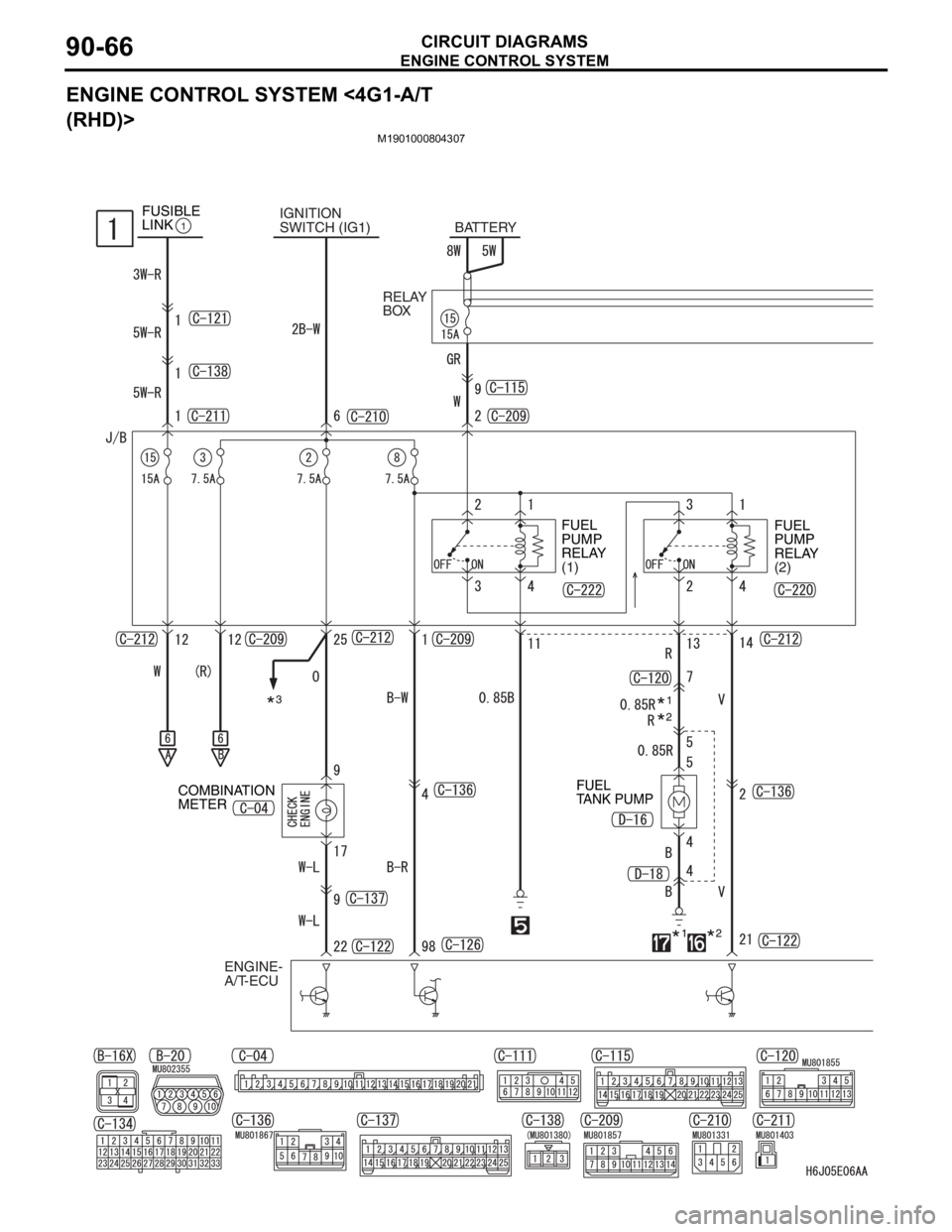 MITSUBISHI LANCER IX 2006 Manual PDF ENGINE CONTROL SYSTEM
CIRCUIT DIAGRAMS90-66
ENGINE CONTROL SYSTEM <4G1-A/T 
(RHD)>
M1901000804307
IGNITION
SWITCH (IG1)
ENGINE- 
A/T-ECUFUEL 
PUMP 
RELAY 
(1)FUEL 
PUMP 
RELAY 
(2)
COMBINATION 
METERB