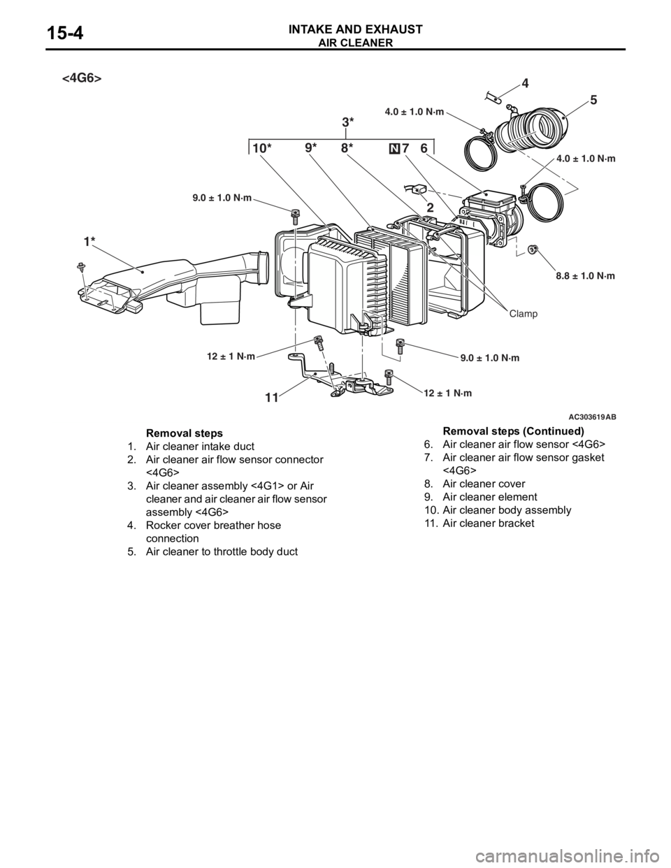 MITSUBISHI LANCER IX 2006 Service Manual
AC303619
4.0 ± 1.0 N·m
4.0 ± 1.0 N·m10*
9* 4
1* 5
11
12 ± 1 N·m 9.0 ± 1.0 N·m
9.0 ± 1.0 N·m
AB
12 ± 1 N·m
Clamp
8*
3*
<4G6>
6
7
N
2
8.8 ± 1.0 N·m
Removal steps
1.Air cleaner intake duc MITSUBISHI LANCER IX 2006 Service Manual
AC303619
4.0 ± 1.0 N·m
4.0 ± 1.0 N·m10*
9* 4
1* 5
11
12 ± 1 N·m 9.0 ± 1.0 N·m
9.0 ± 1.0 N·m
AB
12 ± 1 N·m
Clamp
8*
3*
<4G6>
6
7
N
2
8.8 ± 1.0 N·m
Removal steps
1.Air cleaner intake duc