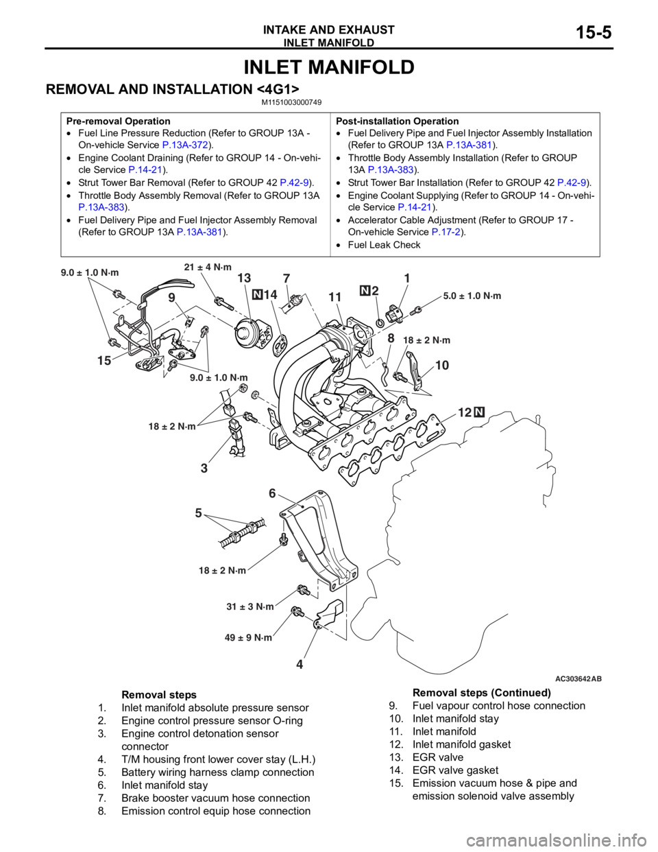 MITSUBISHI LANCER IX 2006 Service Manual
INLET MANIFOLD
INTAKE AND EXHAUST15-5
INLET MANIFOLD
REMOVAL AND INSTALLATION <4G1>M1151003000749
Pre-removal Operation
•Fuel Line Pressure Reduction (Refer to GROUP 13A -
On-vehicle Service
P.13 MITSUBISHI LANCER IX 2006 Service Manual
INLET MANIFOLD
INTAKE AND EXHAUST15-5
INLET MANIFOLD
REMOVAL AND INSTALLATION <4G1>M1151003000749
Pre-removal Operation
•Fuel Line Pressure Reduction (Refer to GROUP 13A -
On-vehicle Service
P.13