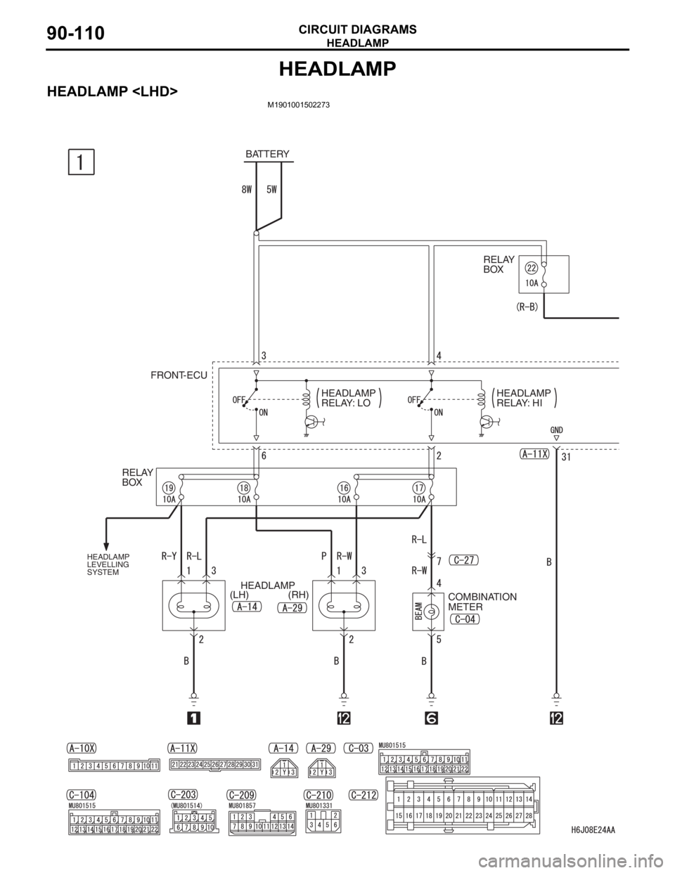 MITSUBISHI LANCER IX 2006  Service Manual HEADLAMP
CIRCUIT DIAGRAMS90-110
HEADLAMP
HEADLAMP <LHD>M1901001502273
BATTERY
RELAY 
BOX
FRONT-ECU
HEADLAMP
(LH) (RH)
COMBINATION 
METER RELAY 
BOX
HEADLAMP 
LEVELLING 
SYSTEM
HEADLAMP 
RELAY: LOHEADL