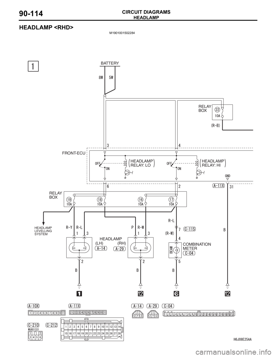 MITSUBISHI LANCER IX 2006  Service Manual HEADLAMP
CIRCUIT DIAGRAMS90-114
HEADLAMP <RHD>
M1901001502284
BATTERY
RELAY 
BOX
FRONT-ECU
HEADLAMP
(LH) (RH)
COMBINATION 
METER RELAY 
BOX
HEADLAMP 
LEVELLING 
SYSTEM
HEADLAMP 
RELAY: LOHEADLAMP 
REL