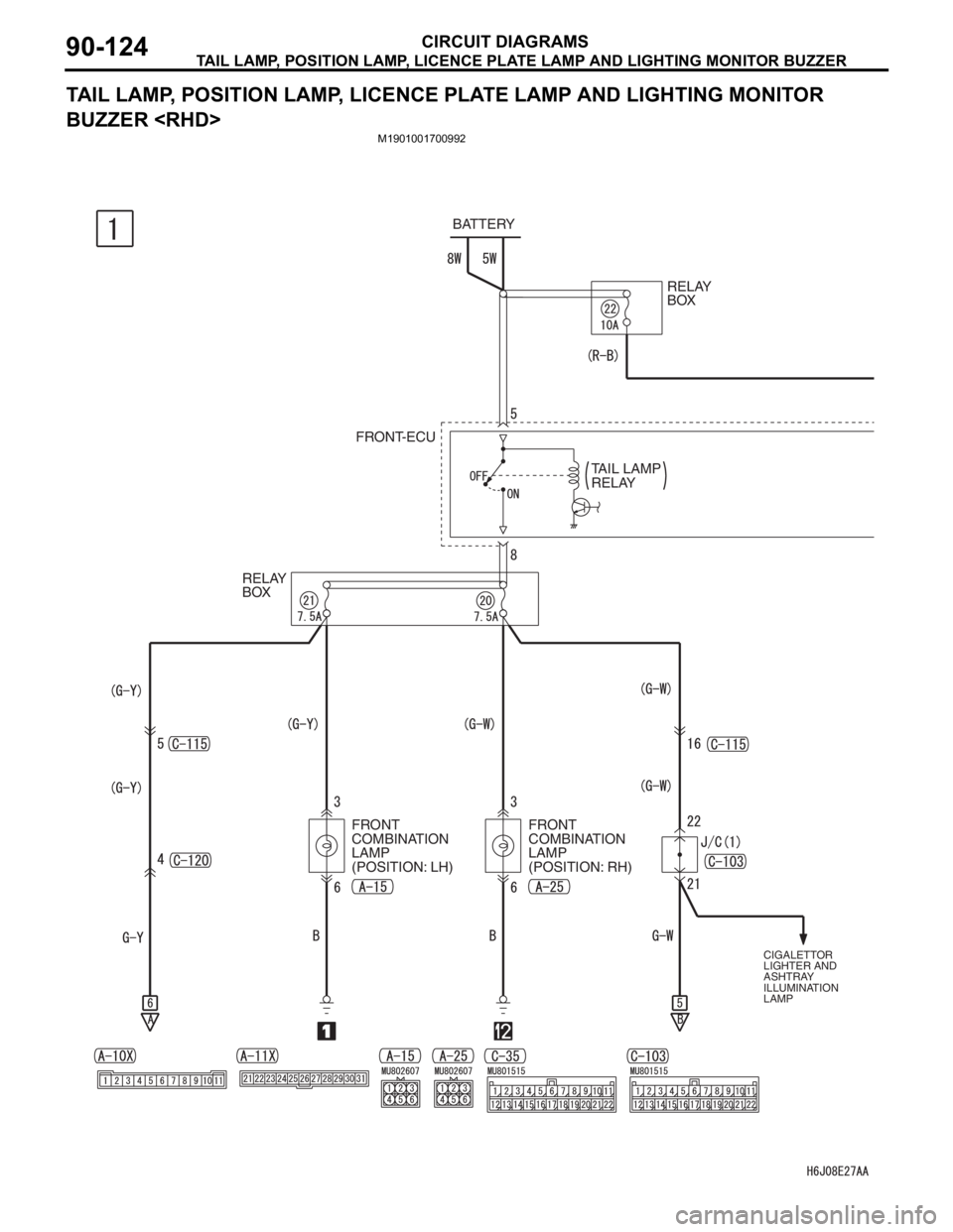 MITSUBISHI LANCER IX 2006  Service Manual TAIL LAMP, POSITION LAMP, LICENCE PLATE LAMP AND LIGHTING MONITOR BUZZER
CIRCUIT DIAGRAMS90-124
TAIL LAMP, POSITION LAMP, LICENCE PLATE LAMP AND LIGHTING MONITOR 
BUZZER <RHD>
M1901001700992
BATTERY
R