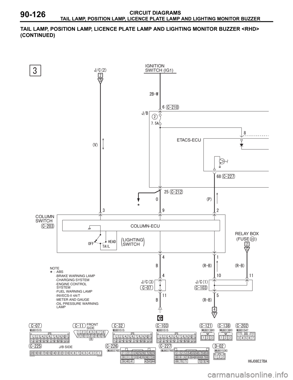 MITSUBISHI LANCER IX 2006  Service Manual TAIL LAMP, POSITION LAMP, LICENCE PLATE LAMP AND LIGHTING MONITOR BUZZER
CIRCUIT DIAGRAMS90-126
TAIL LAMP, POSITION LAMP, LICENCE PLATE LAMP AND LIGHTING MONITOR BUZZER <RHD> 
(CONTINUED)
IGNITION 
SW