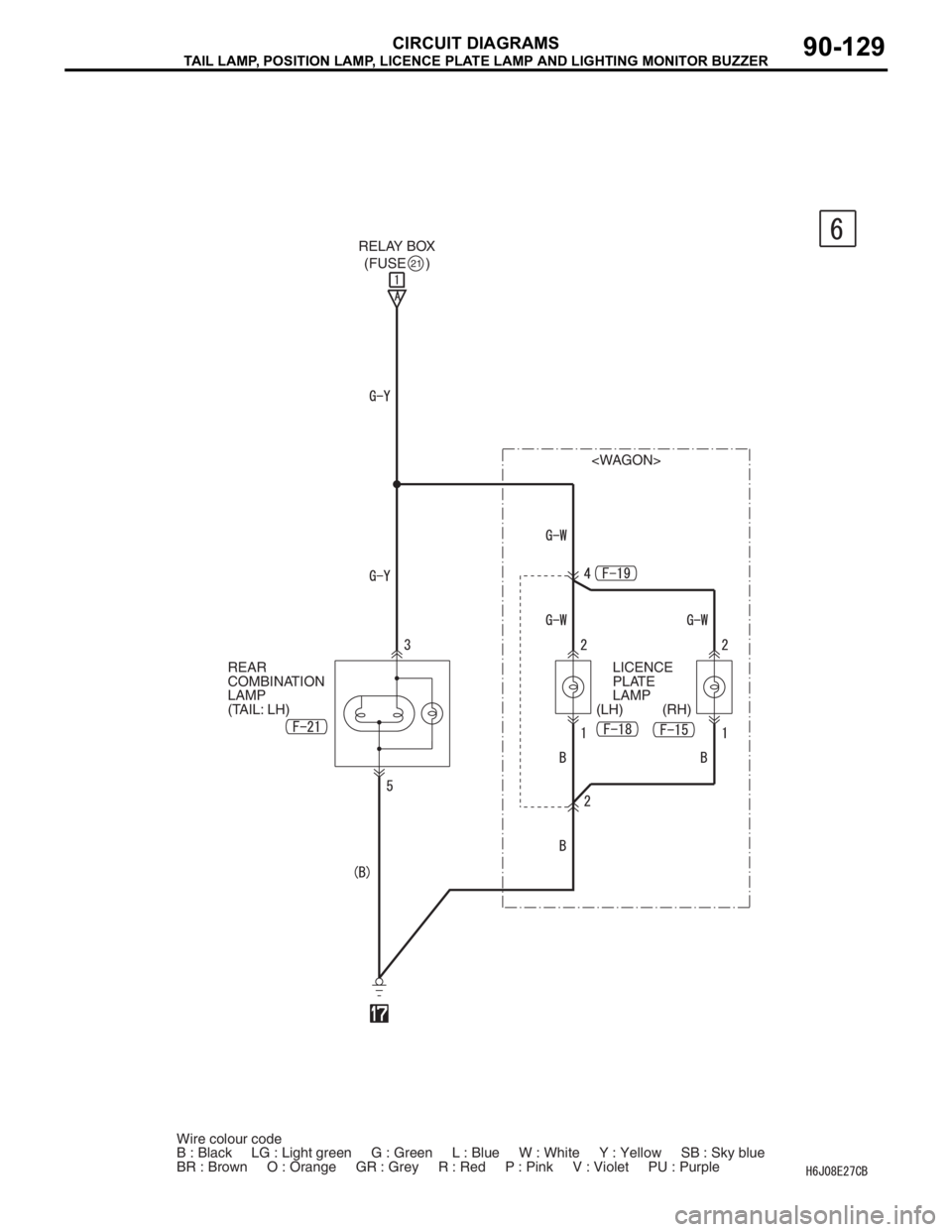MITSUBISHI LANCER IX 2006  Service Manual TAIL LAMP, POSITION LAMP, LICENCE PLATE LAMP AND LIGHTING MONITOR BUZZER
CIRCUIT DIAGRAMS90-129
RELAY BOX
REAR 
COMBINATION 
LAMP 
(TAIL: LH)LICENCE 
PLATE 
LAMP
(LH) (RH) (FUSE     )
21
<WAGON>
Wire 