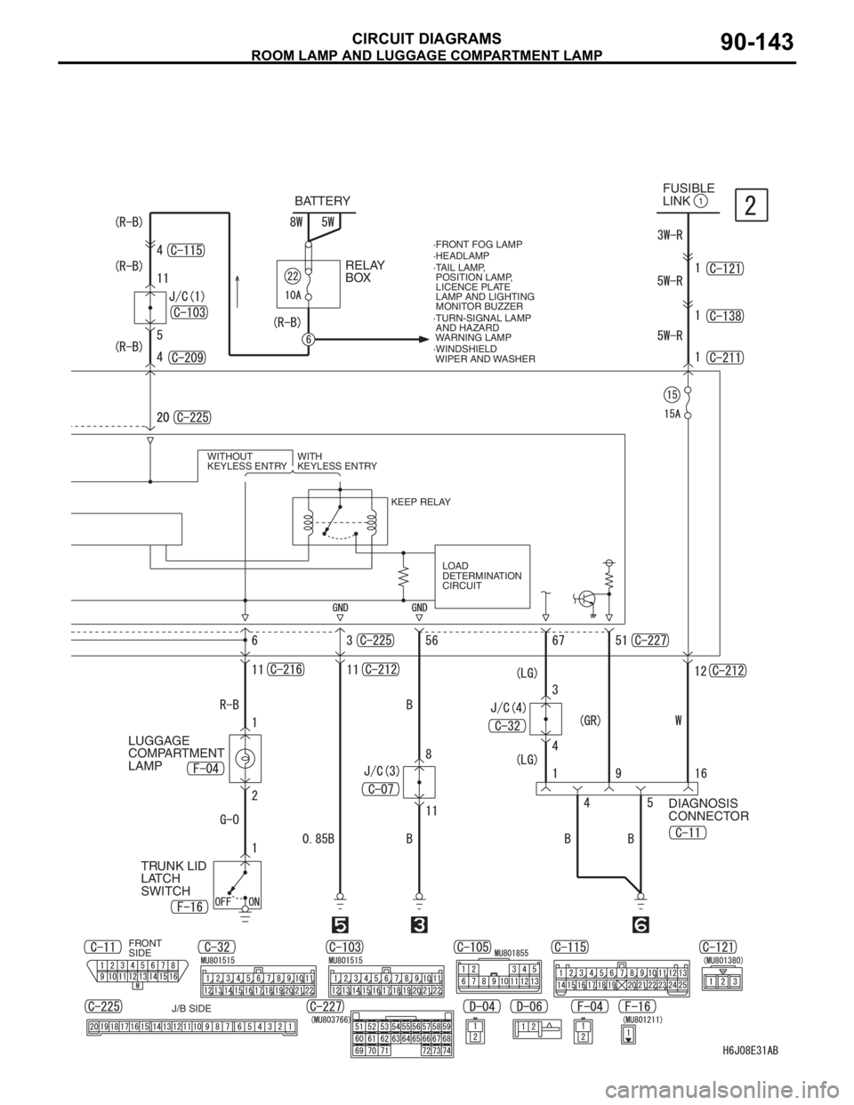 MITSUBISHI LANCER IX 2006  Service Manual ROOM LAMP AND LUGGAGE COMPARTMENT LAMP
CIRCUIT DIAGRAMS90-143
RELAY 
BOX BATTERY
1FUSIBLE 
LINK
·FRONT FOG LAMP
·HEADLAMP
·TAIL LAMP,
 POSITION LAMP,
 LICENCE PLATE
 LAMP AND LIGHTING
 MONITOR BUZZ
