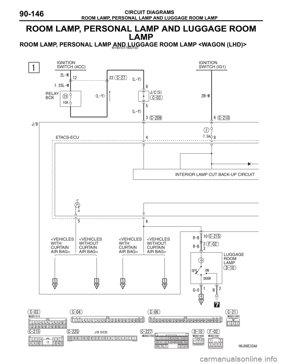 MITSUBISHI LANCER IX 2006  Service Manual ROOM LAMP, PERSONAL LAMP AND LUGGAGE ROOM LAMP
CIRCUIT DIAGRAMS90-146
ROOM LAMP, PERSONAL LAMP AND LUGGAGE ROOM 
LAMP
ROOM LAMP, PERSONAL LAMP AND LUGGAGE ROOM LAMP <WAGON (LHD)>M1901017900155
IGNITIO
