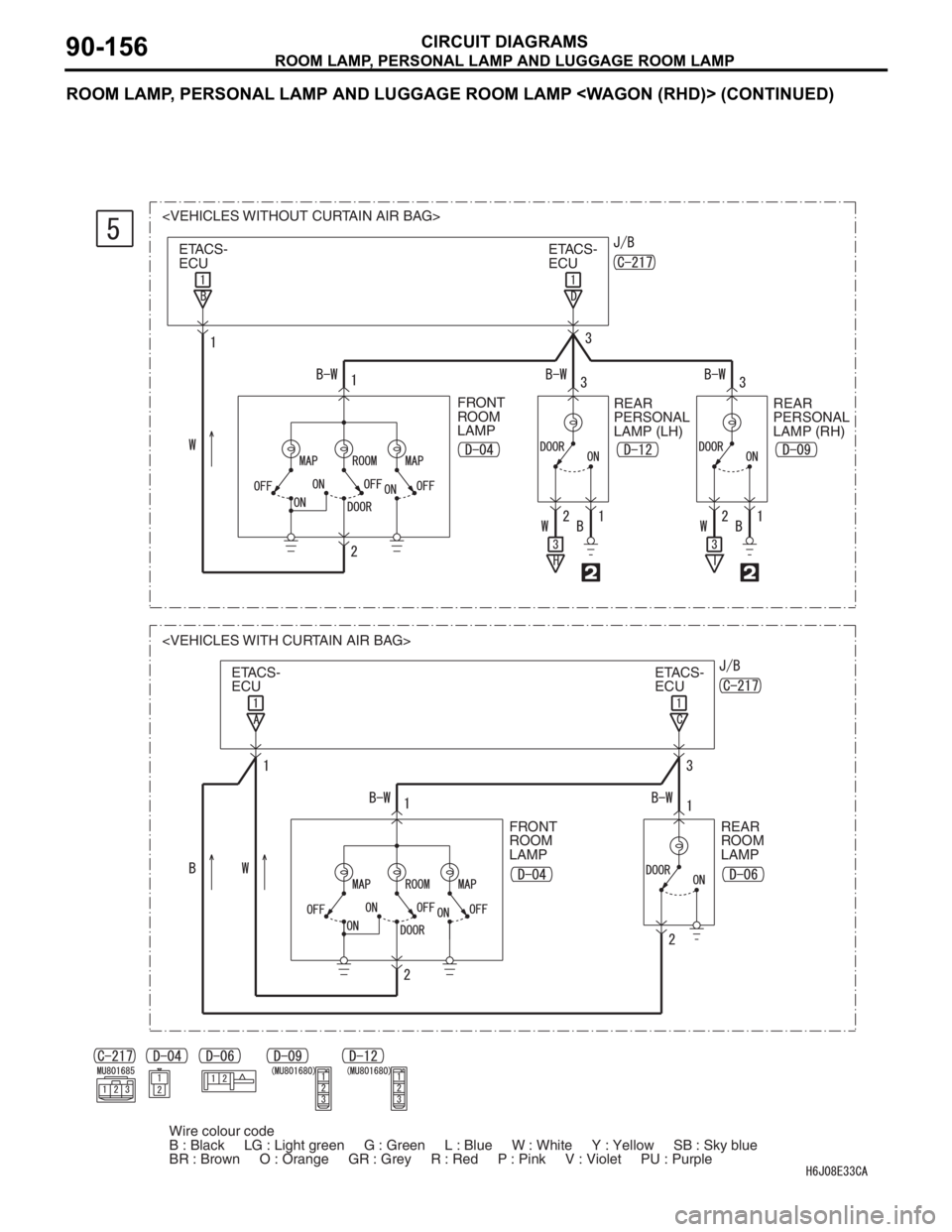 MITSUBISHI LANCER IX 2006  Service Manual ROOM LAMP, PERSONAL LAMP AND LUGGAGE ROOM LAMP
CIRCUIT DIAGRAMS90-156
ROOM LAMP, PERSONAL LAMP AND LUGGAGE ROOM LAMP <WAGON (RHD)> (CONTINUED)
REAR 
PERSONAL 
LAMP (LH)REAR 
PERSONAL 
LAMP (RH) FRONT 