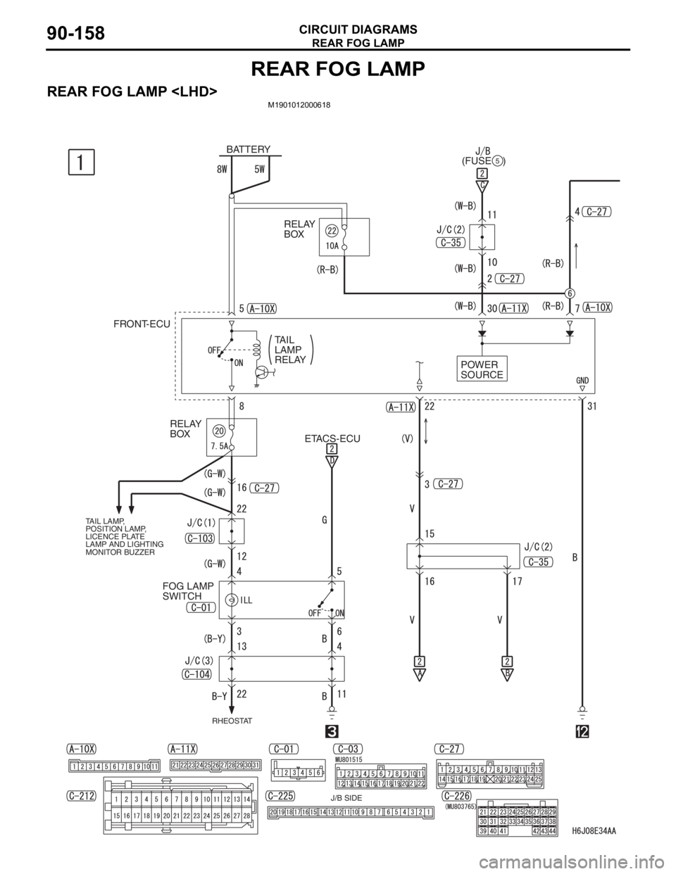MITSUBISHI LANCER IX 2006  Service Manual REAR FOG LAMP
CIRCUIT DIAGRAMS90-158
REAR FOG LAMP
REAR FOG LAMP <LHD>M1901012000618
J/B SIDE RHEOSTAT
BATTERY
(FUSE    )5
RELAY 
BOX
FRONT-ECU
ETACS-ECUPOWER 
SOURCE TAIL 
LAMP 
RELAY
TAIL LAMP, 
POS