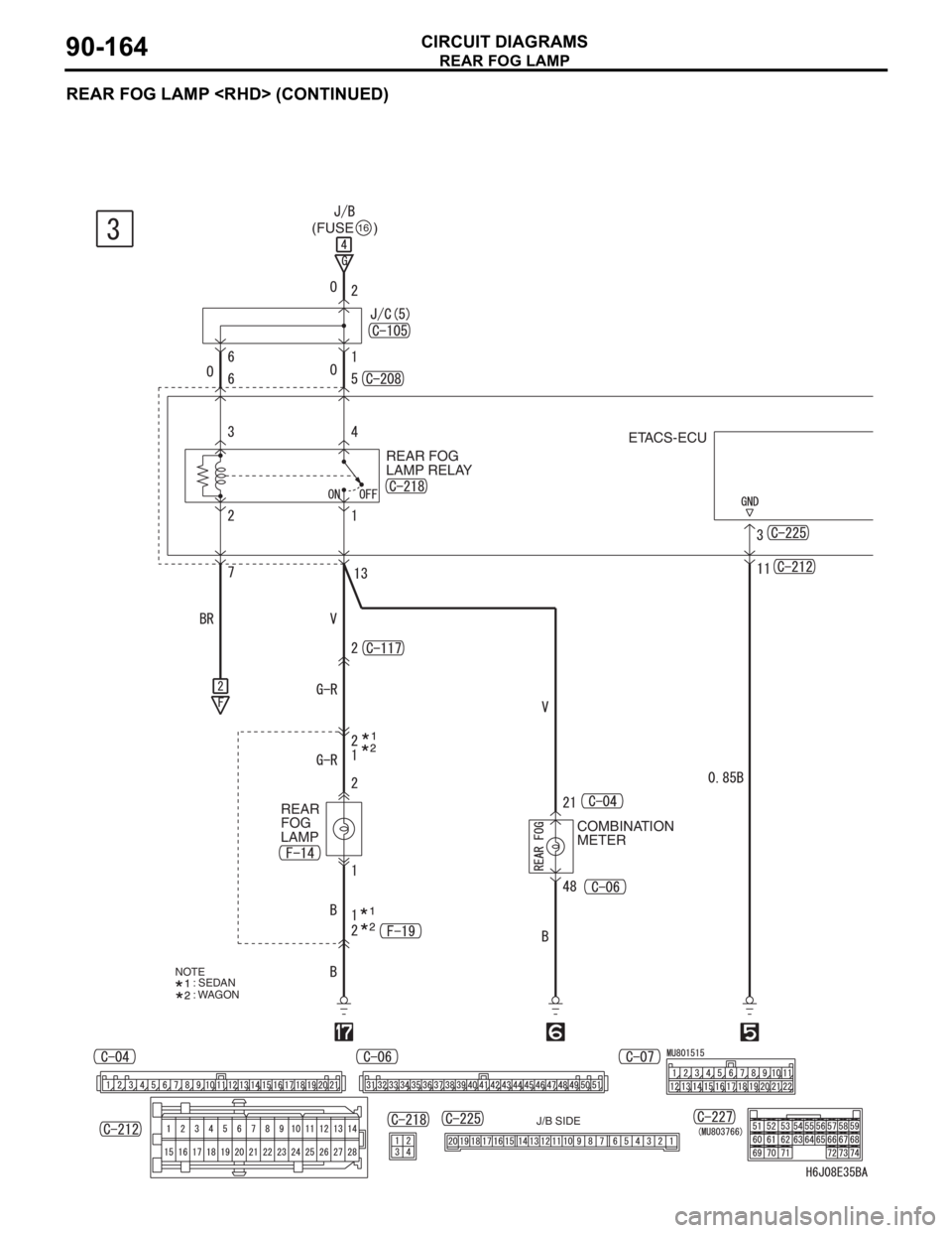 MITSUBISHI LANCER IX 2006  Service Manual REAR FOG LAMP
CIRCUIT DIAGRAMS90-164
REAR FOG LAMP <RHD> (CONTINUED)
REAR FOG 
LAMP RELAY (FUSE     )
16 
COMBINATION 
METER
J/B SIDE NOTE
: SEDAN
: WAGON
REAR 
FOG 
LAMPETACS-ECU 